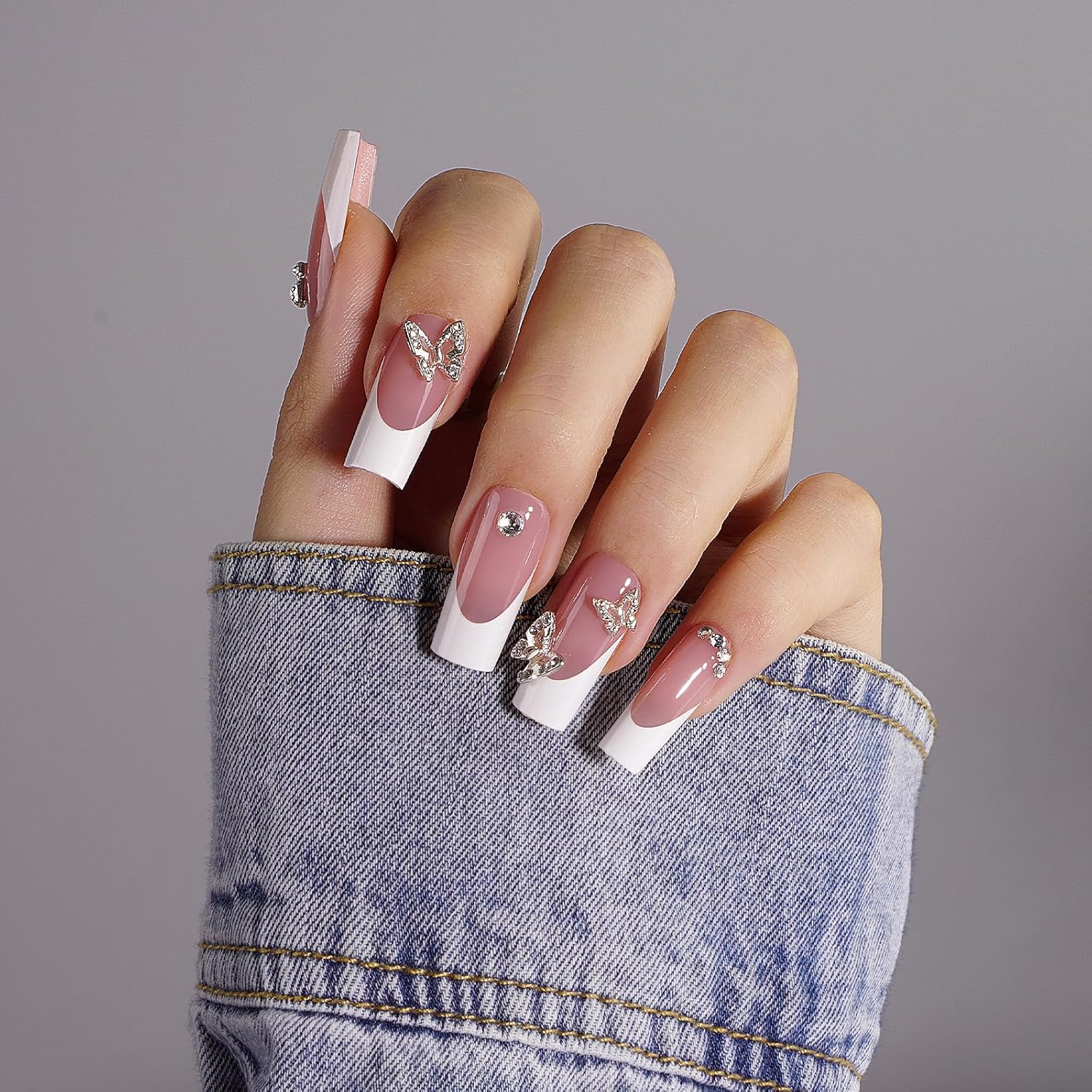 CANVALITE French Tip Press on Nails - 300Pcs Pre-Colored Quick and Easy Press on Nails Long Square Fake Nails with Designs DIY Gel Tips for Nails, Pink White