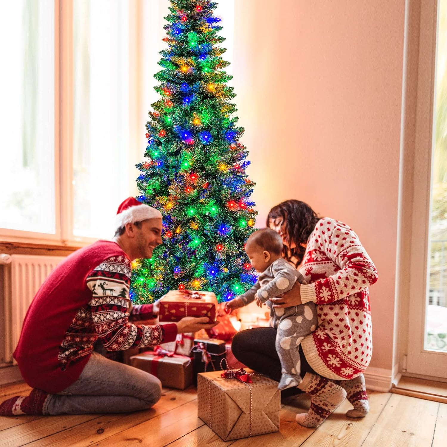 Costway Artificial Pre-Lit Christmas Tree, Hinged Fir, Xmas Pencil Tree with Foldable Metal Stand & Superior PVC Leaves, Easy Assembly, Christmas Decoration for Indoor (1.98 M)