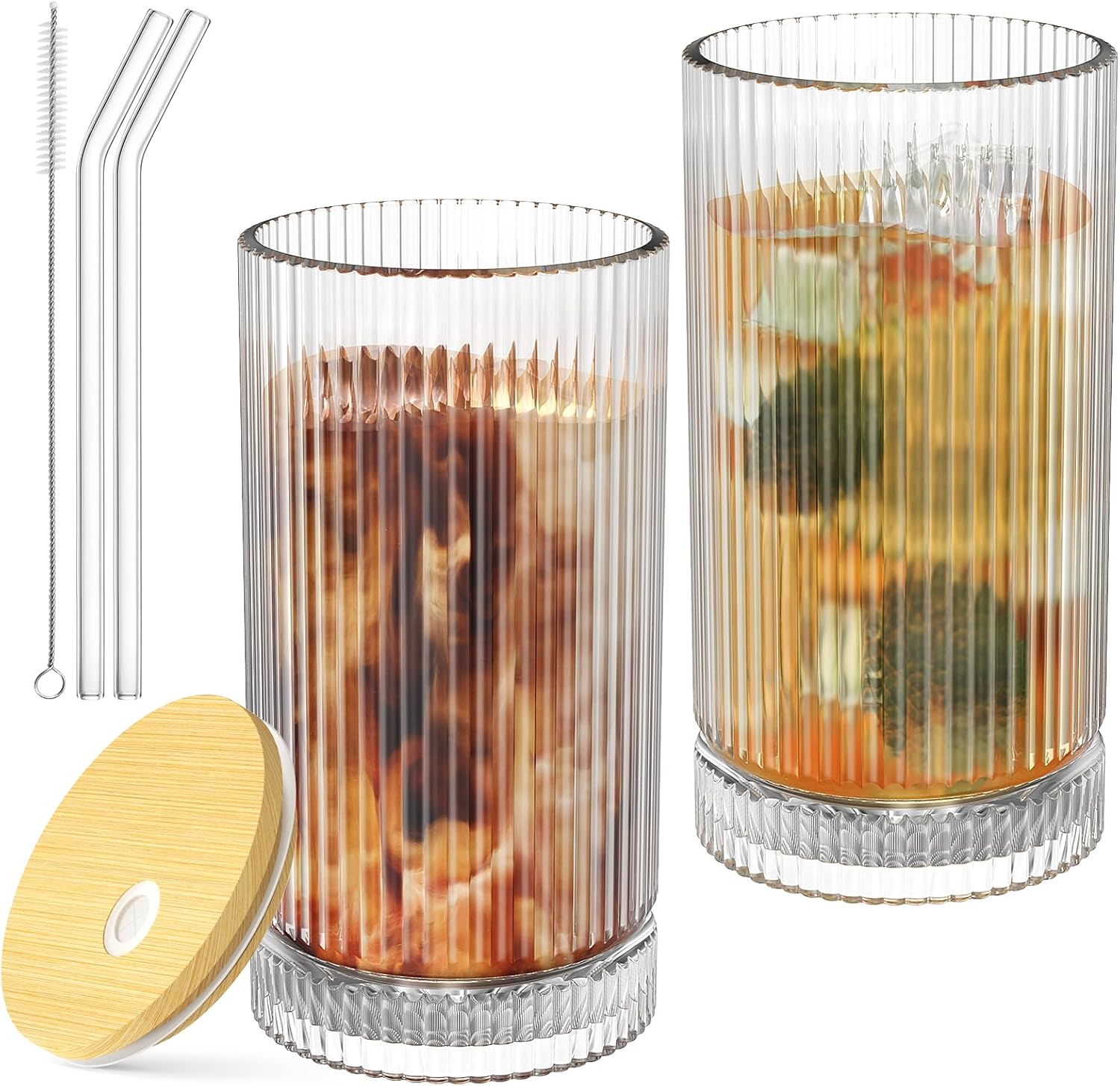 16 Oz Glass Cups with Lid and Straw, Iced Coffee Cups with Lid, Vintage Ribbed Glassware for Whiskey Cocktail Beer (2 PACK)