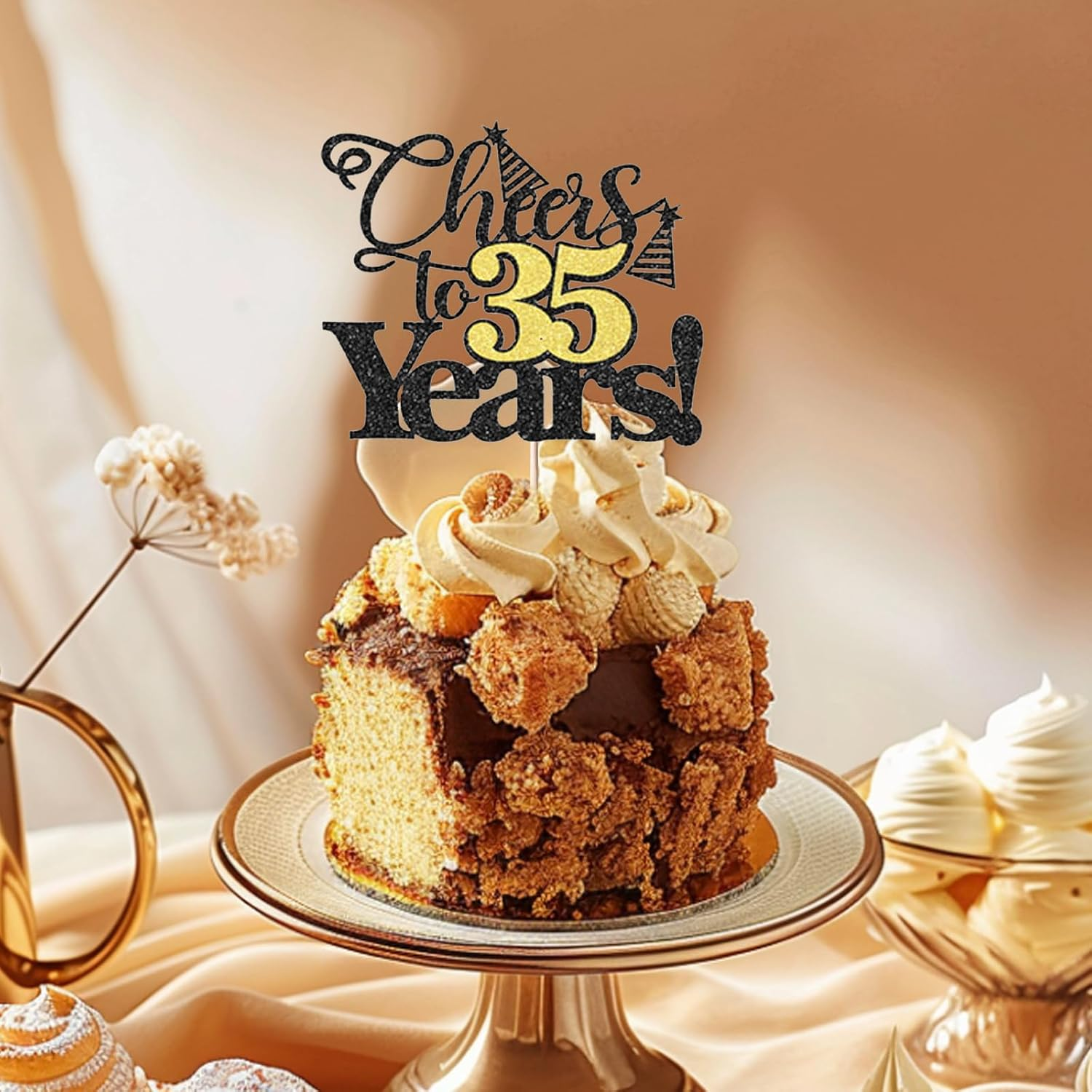 Chris.W 1 Pack Cheers to 35 Years Cake Topper, Black and Gold Glitter 35Th Birthday Cake Pick, Happy 35Th Cake Decoration for 35 Anniversary Birthday Party Decorations Supplies image number 1