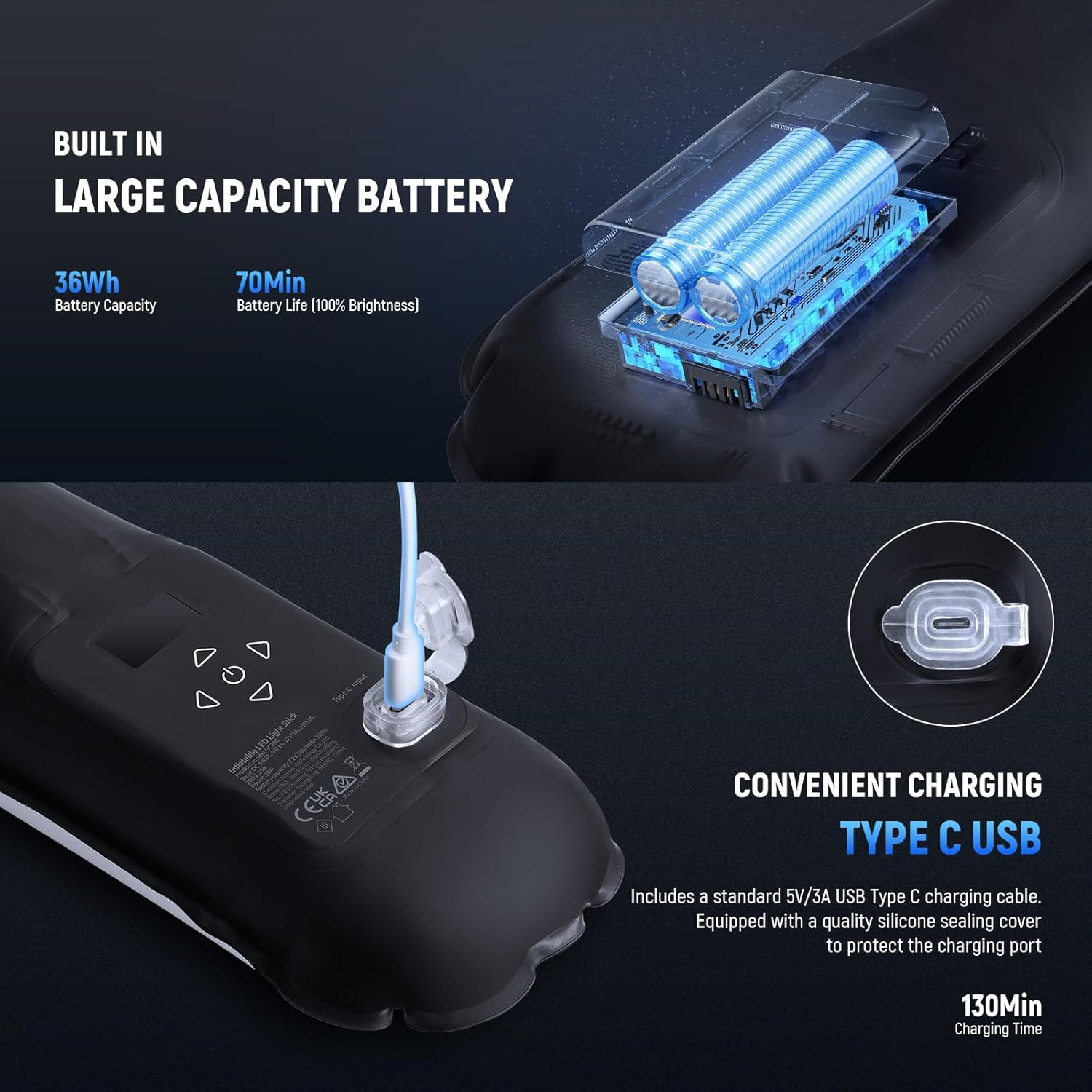 NEEWER Basics 30W Handheld RGB Fill Light 35.5"/90Cm, Portable Inflatable TPU Lighting 5000Mah Type C 45W In/30W Out, 3000Lux 17 Effects 2700-6500K CRI95 for Studio Photography Video Recording, GC30C