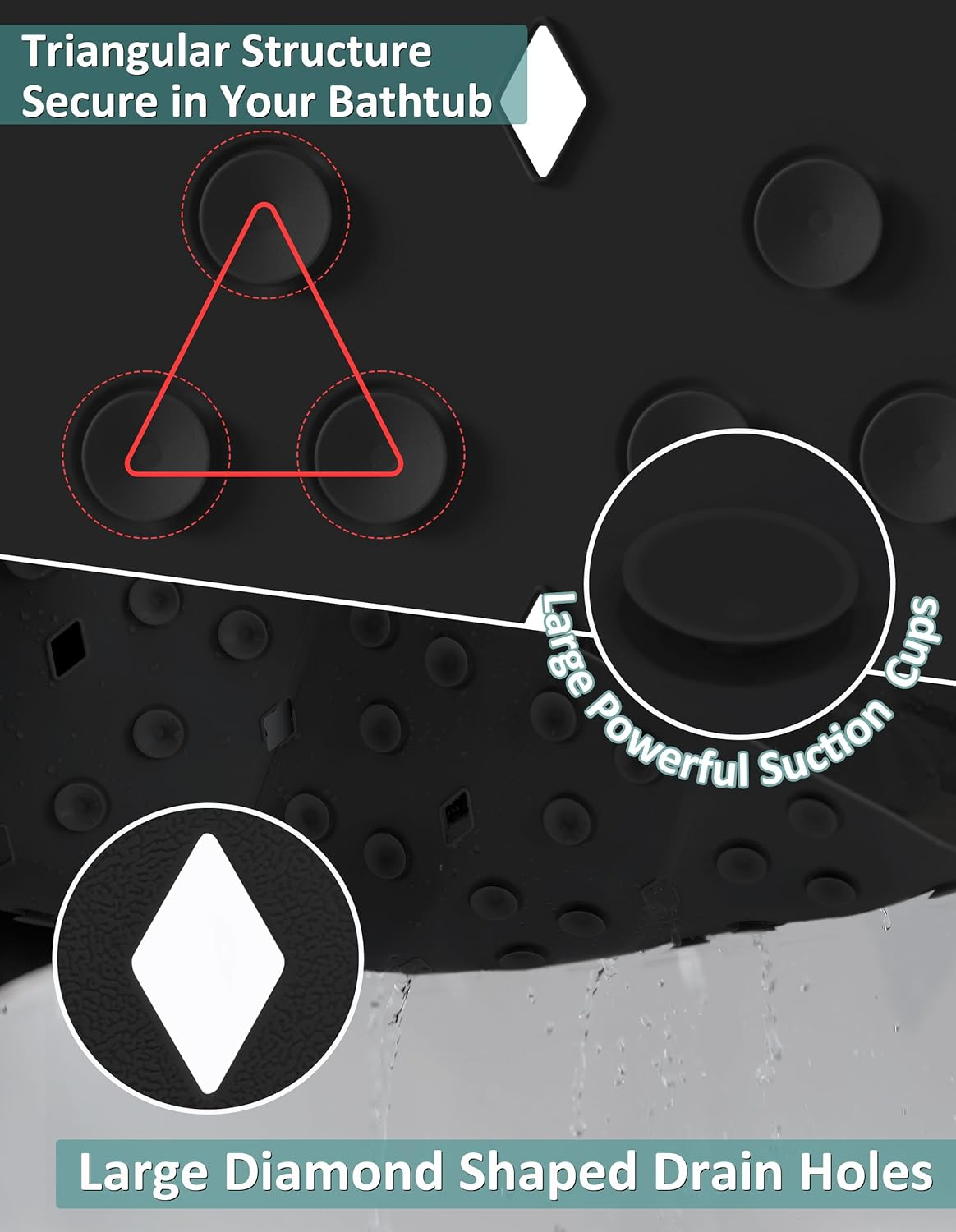 Non-Slip Shower Mats for inside Shower， 14 X 18 Inch Silicone Bathtub Mat Non-Slip, Bath Mat for Tub with Suction Cups, Drain Holes Bath Tub Mat (Black) image number 2