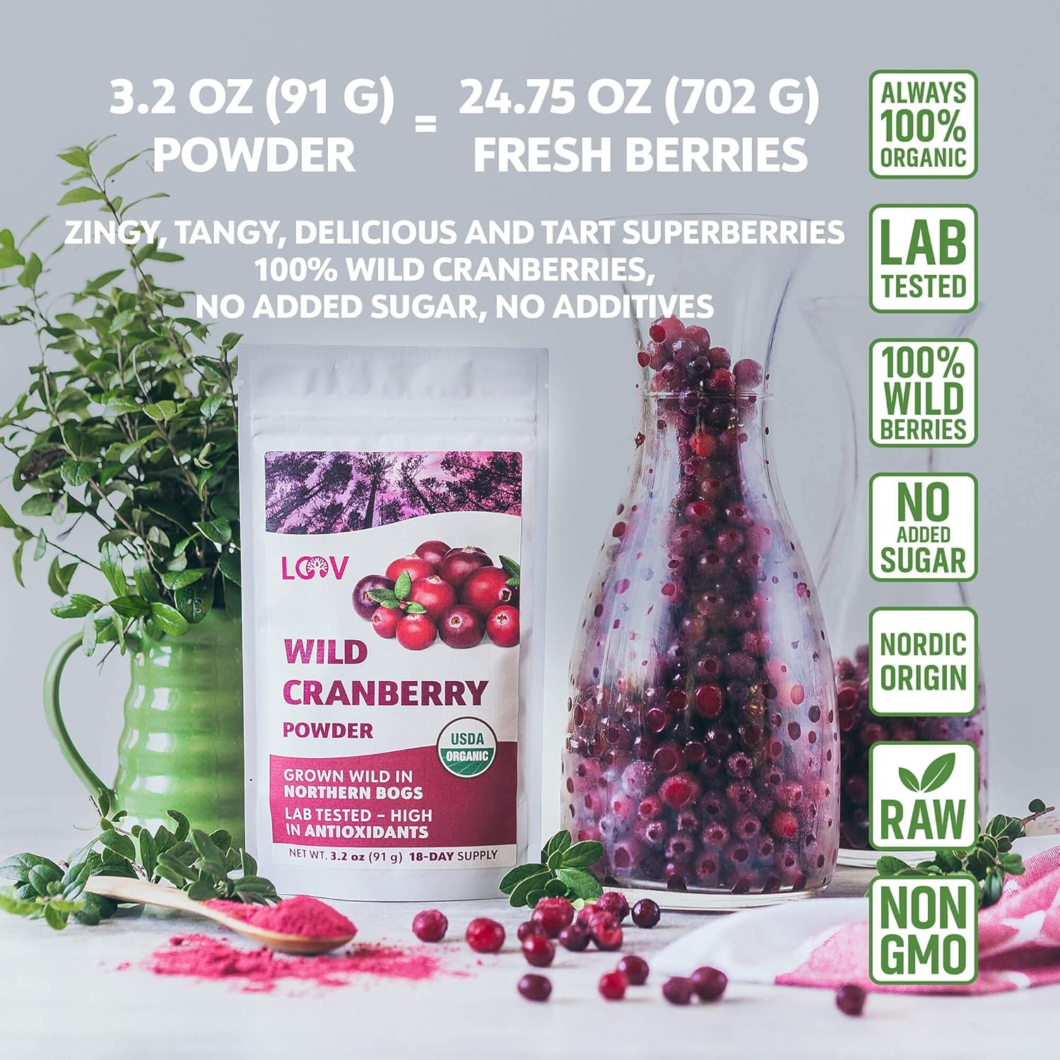 Wild Organic Freeze Dried Cranberry Powder, 3.2 Oz, 18-Day Supply, from Nordic Forests, Raw, No Added Sugar image number 2