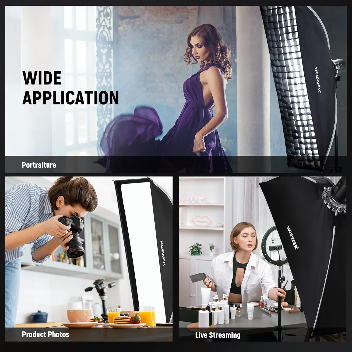 NEEWER 12"X47" Quick Setup Foldable Rectangular Strip Softbox Bowens Mount with Diffusers/Honeycomb Grid/Bag, Compatible with Godox Aputure 120D Video Lights Q4 Studio Flash Strobes, NS17S image number 6