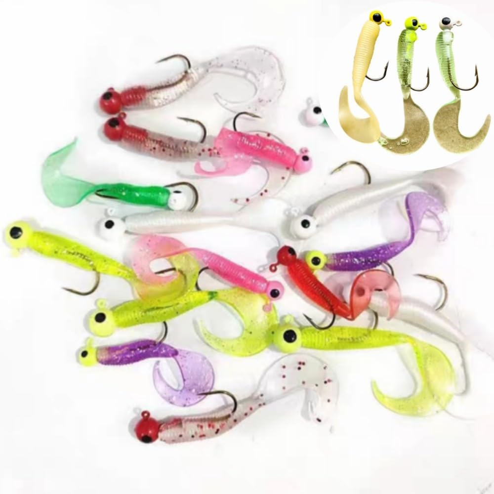 17Pcs Soft Fishing Lures Grub Worm Soft Fishing Baits with Jig Head Hooks Artificial Lures Fishing Supplies for Catfish Perch Pike image number 3
