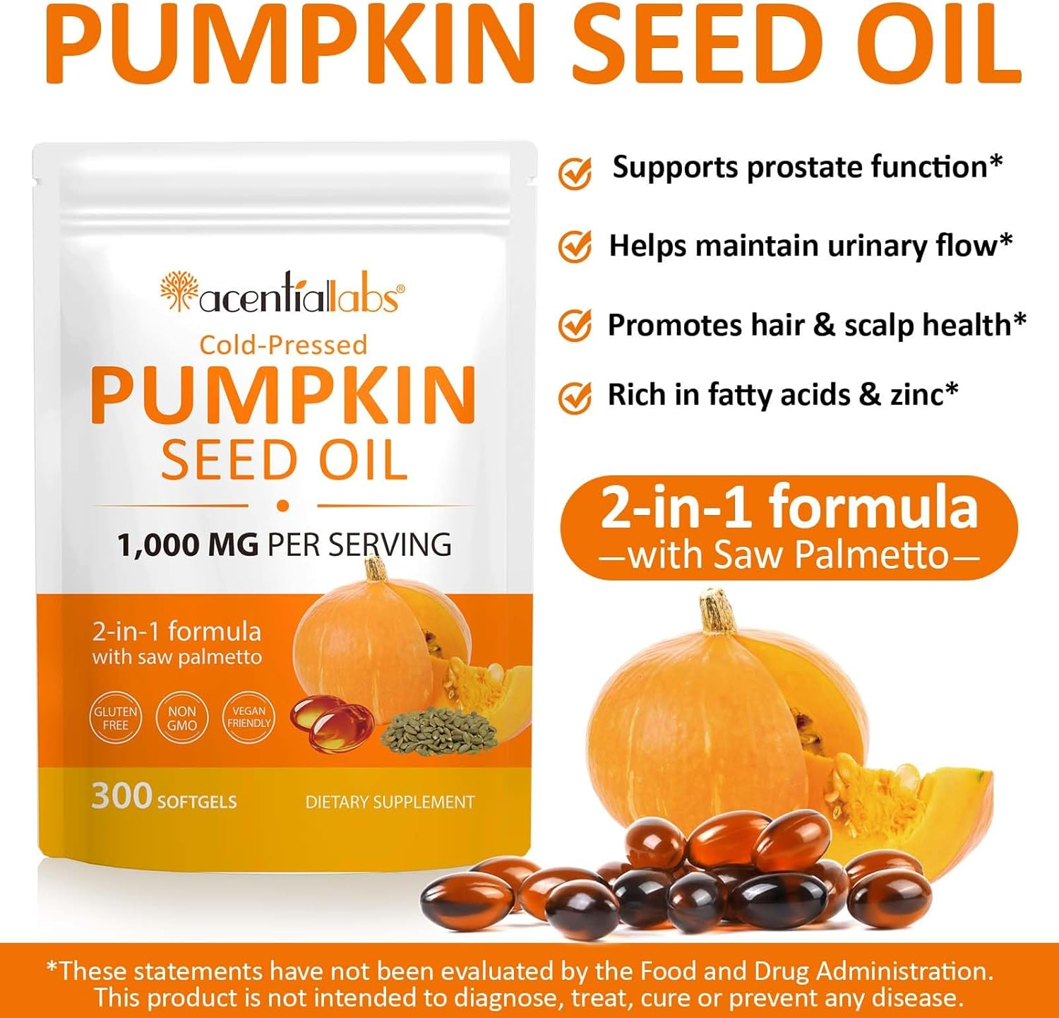 Pumpkin Seed Oil with Saw Palmetto Softgels | 1000 Mg per Serving | Cold-Pressed Virgin Oils | Plant-Based Fatty Acids & Phytosterols | Non-Gmo, No Artificial Additives | 300 Count