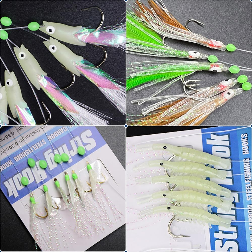 EWEIS 5 Pcs Pre Tied String Fishing Hook with Bionics Lures Bait Rigs,Carbon Steel Barbed 5 Hooks Set with Quick Swivels Snaps and Glow Rigs Beads,Sabiki Flasher Fish Bites Bait for Saltwater image number 4
