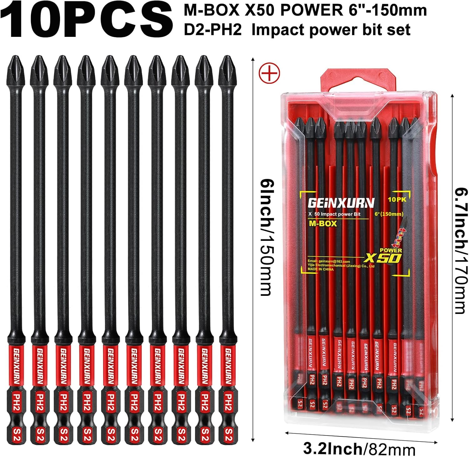 Impact Tough 6 In. #2 Phillips Screwdriver Bits Set,10 Pack Magnetic D2 Steel Long Cross PH2 Power Driver Bits with Storage M-Box image number 6