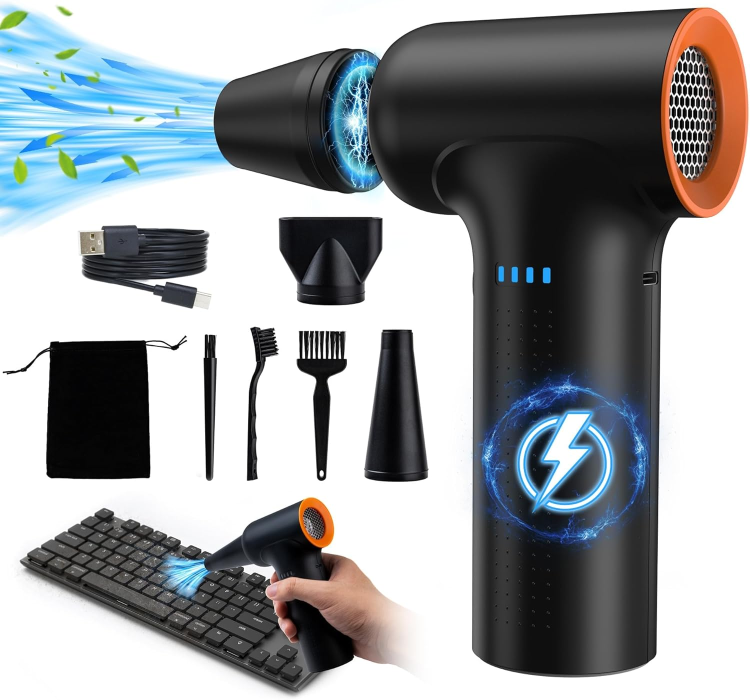 Electric Air Duster, High Speed 300000RPM, 120M/S 3 Gear, 10000Mah Rechargeable Cordless Air Blower, Turbo Fan for PC Computers, Car Electronics
