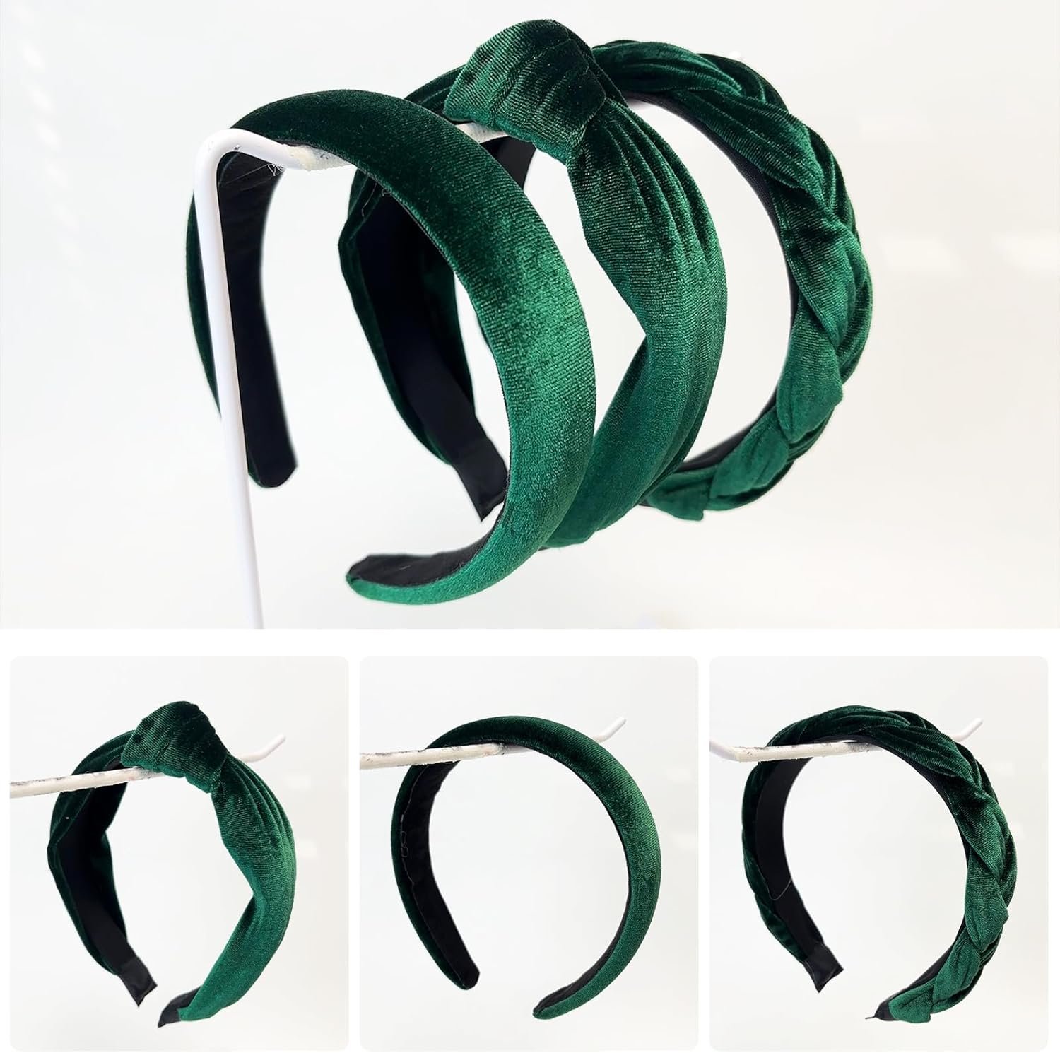 Yeomju Pack of 3 Velvet Headband Braided Dirndl Hair Accessories, Wide Padded Headband with Knot for Women and Girls, Vintage Headband in Dark Green for Carnival and Theme Party image number 1