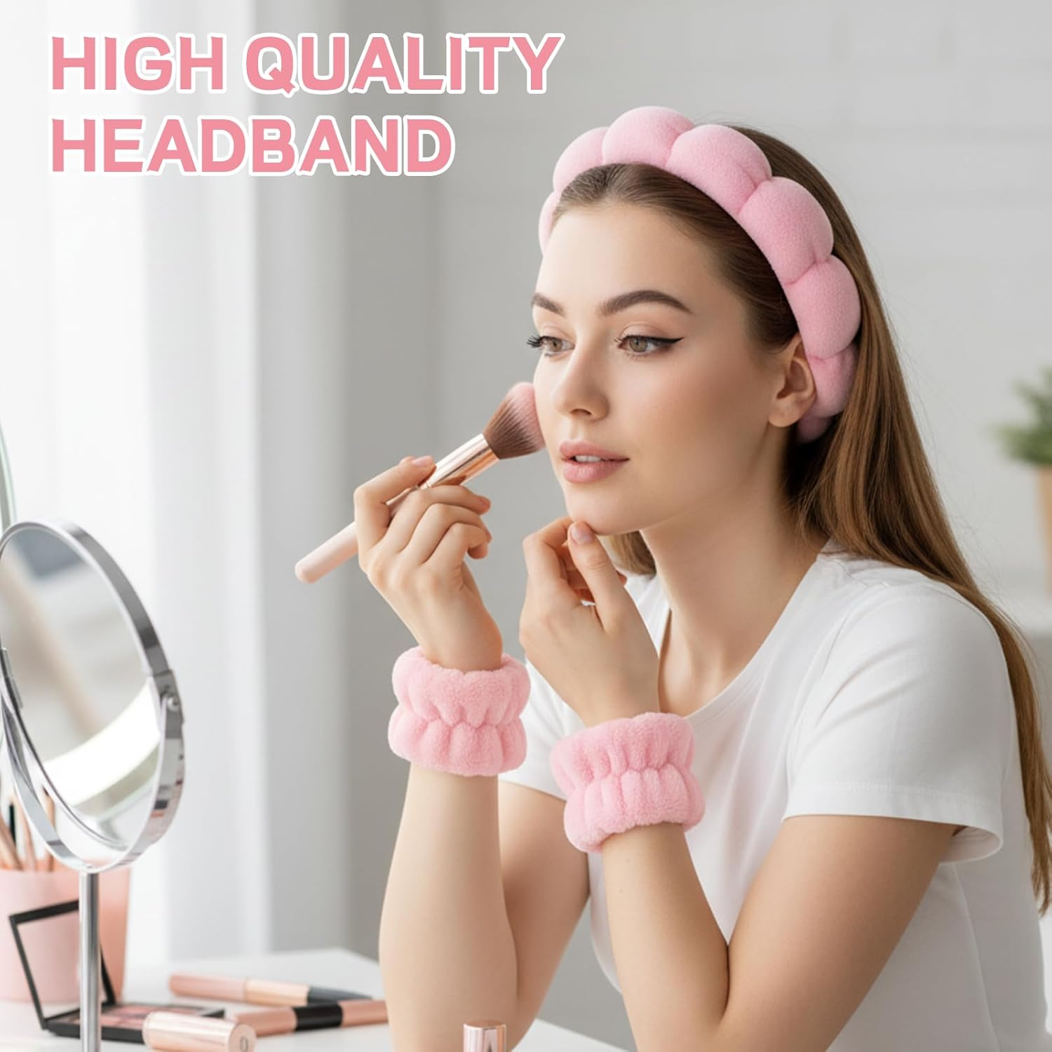 Skincare Headband, 6-Piece Set Pink Makeup Headband for Women and Girls, Facial Accessories for Washing Face, Yoga and Spa, Includes Headband and Hair Clips image number 1