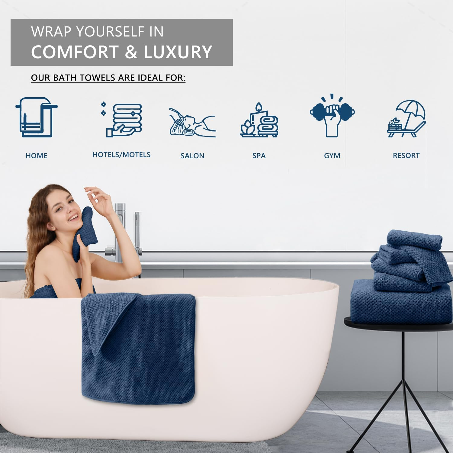 8 Piece Bathroom Towel Set Navy Blue |2 Oversized Large Bath Towels Sheet,2 Hand Towels and 4 Washcloths| 600GSM Ultra Soft Luxury Premium Towel Set Highly Absorbent Quick Dry Hotel Towel Collection image number 6