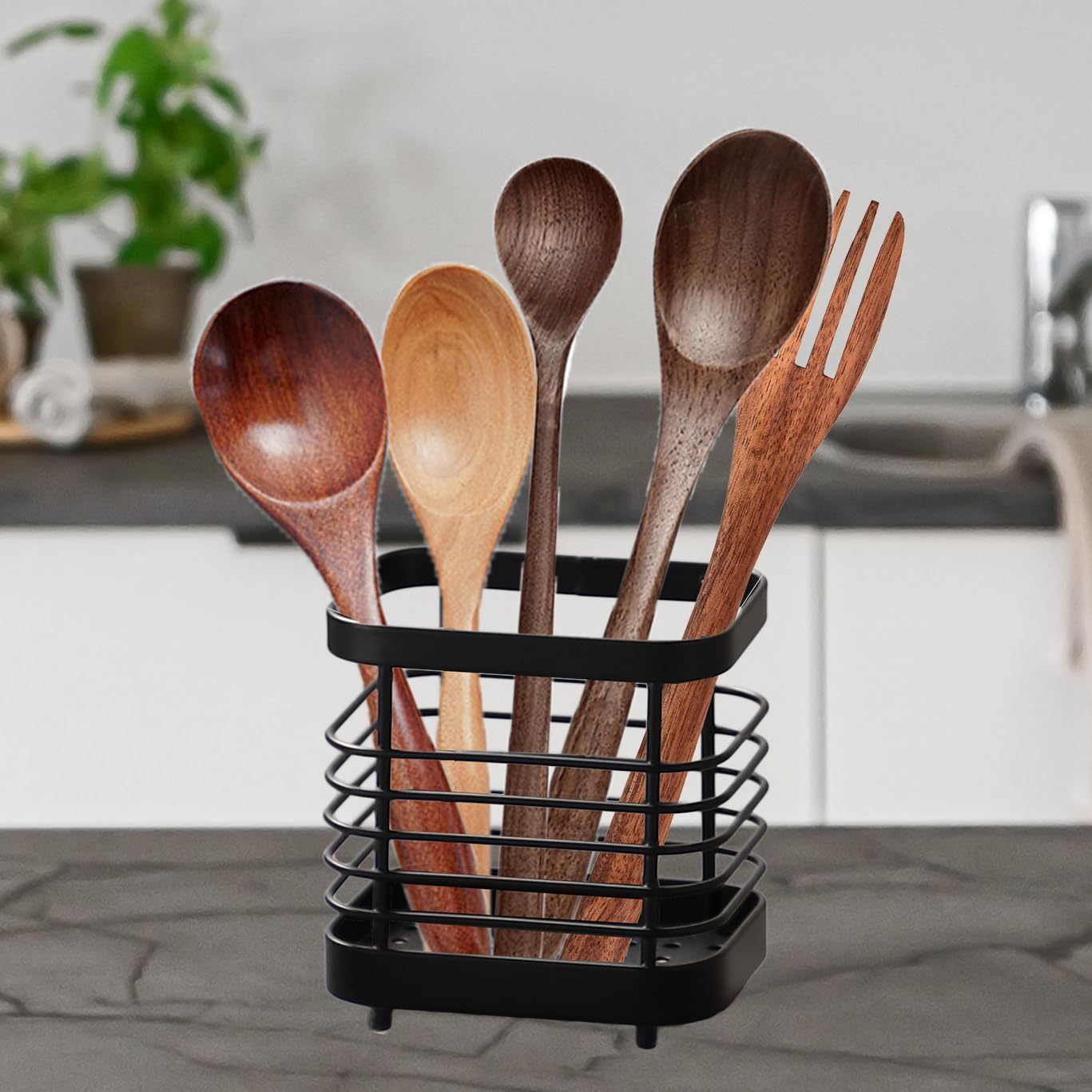 Utensil Holder Kitchen Countertop Organizer, Cutlery Drainer Sink Caddy Dish Drying Rack, Cabinet Silverware Storage Organiser, Stainless Steel, Black(4 In) image number 2