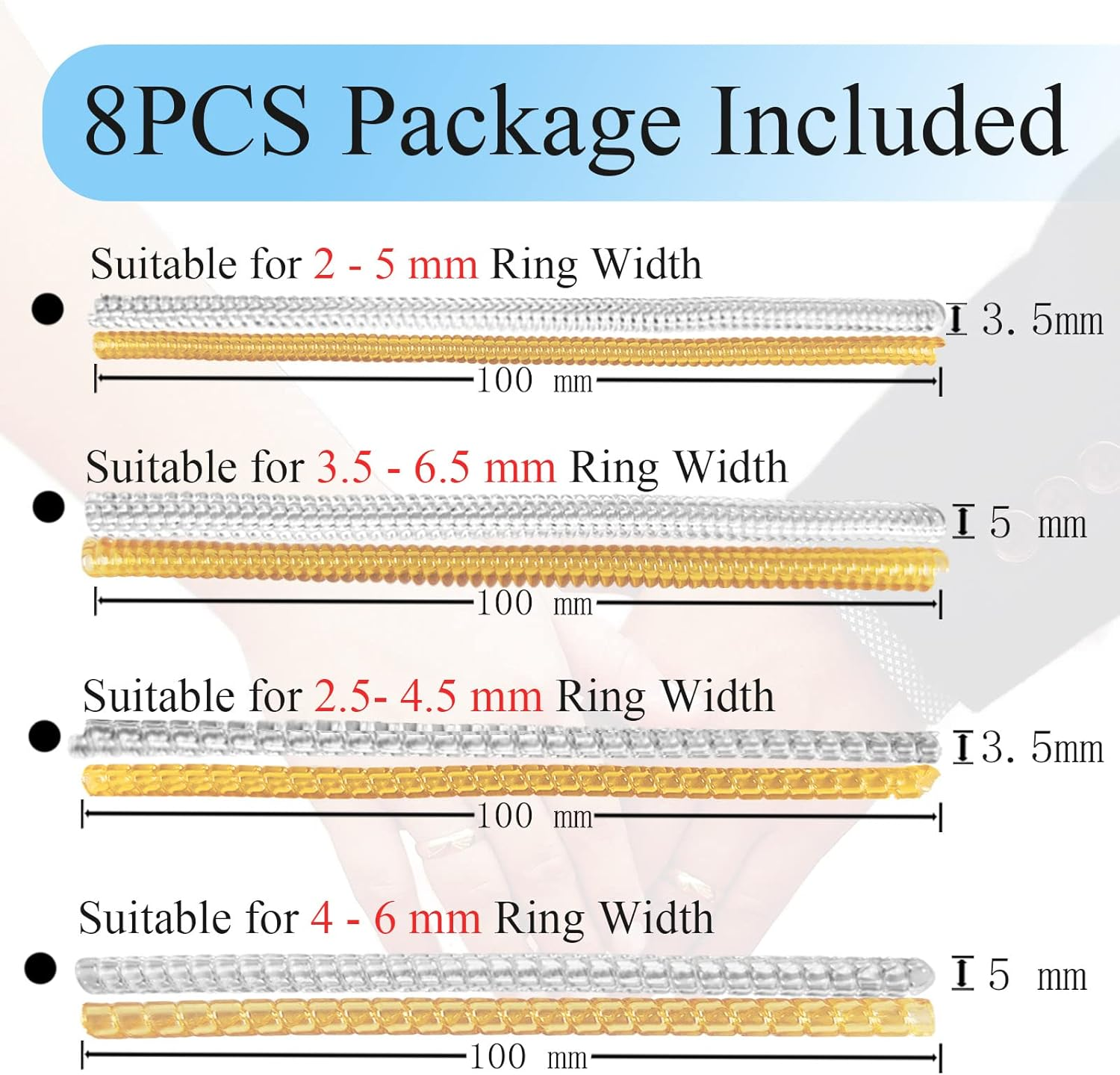 Ring Size Adjuster for Loose Rings, Yowamho 8 Pcs/ 16 Pcs Invisible Spiral Transparent Ring Guard Clip Jewelry Resizer Set for Making Jewelry Fitter, Tightener, Spacer, Sizer for Men and Women image number 6