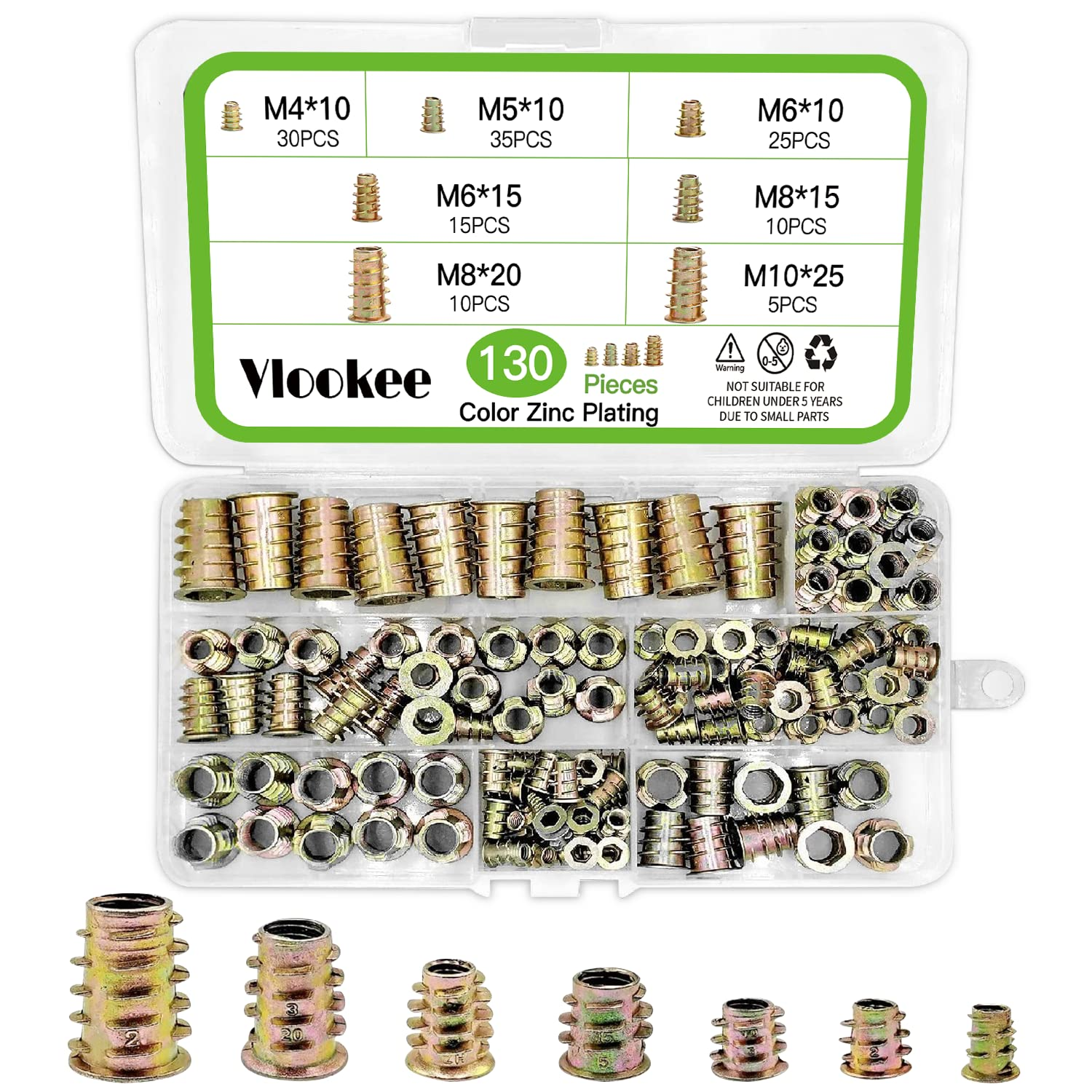 Vlookee 130PCS Metric Threaded Inserts Nuts Assortment Tool Kit,Hex Head Barbed Trapezoidal Nuts,M4 M5 M6 M8 M10 Metric Insert Nuts,Zinc Alloy T-Shaped Nut for Mechanical DIY Furniture image number 5