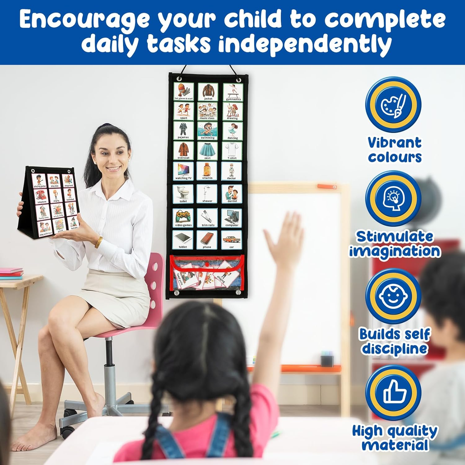 Visual Planner Chore Chart, Autism Daily Chore Routine Chart with 70 Cards Autism Learning Materials Kids Visual Behavioral Tool Wall Planner Visual Schedule Calendar Chart for Kids Boys Girls (Black) image number 4