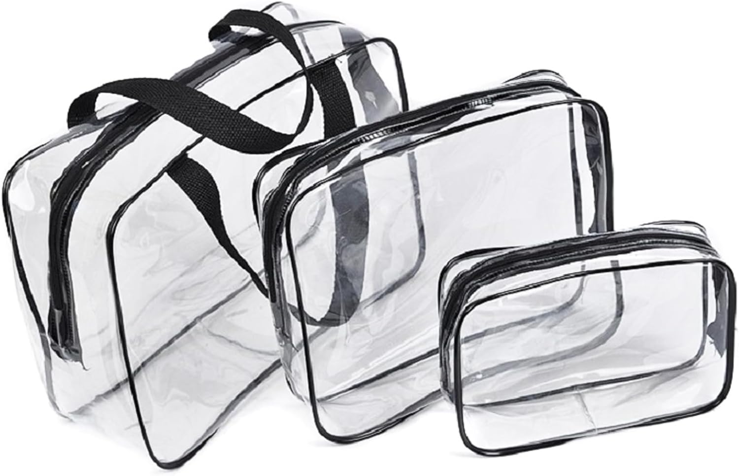 XUNQUCOM Clear Cosmetic Bag, Travel Toiletry Bag Set with Zipper, PVC Make-Up Pouch Handle Straps for Women Men，Set of 3 image number 5