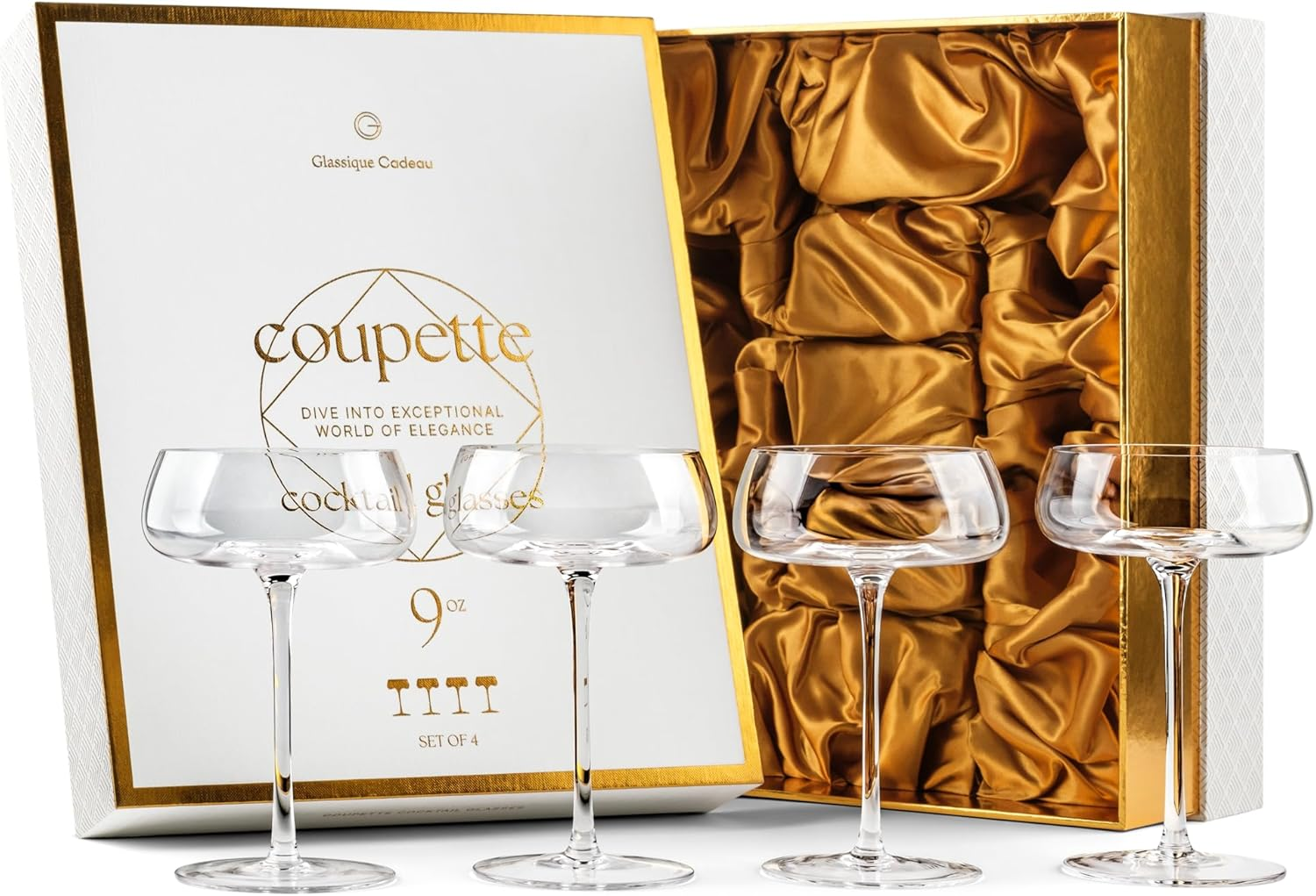 Crystal Cocktail and Champagne Coupette Glasses | Set of 4 | 9 Oz Elegant Long Stemmed Coupe Glassware for Gimlet, Espresso Martini, Daiquiri, Cosmopolitan | Fancy round Saucers image number 4