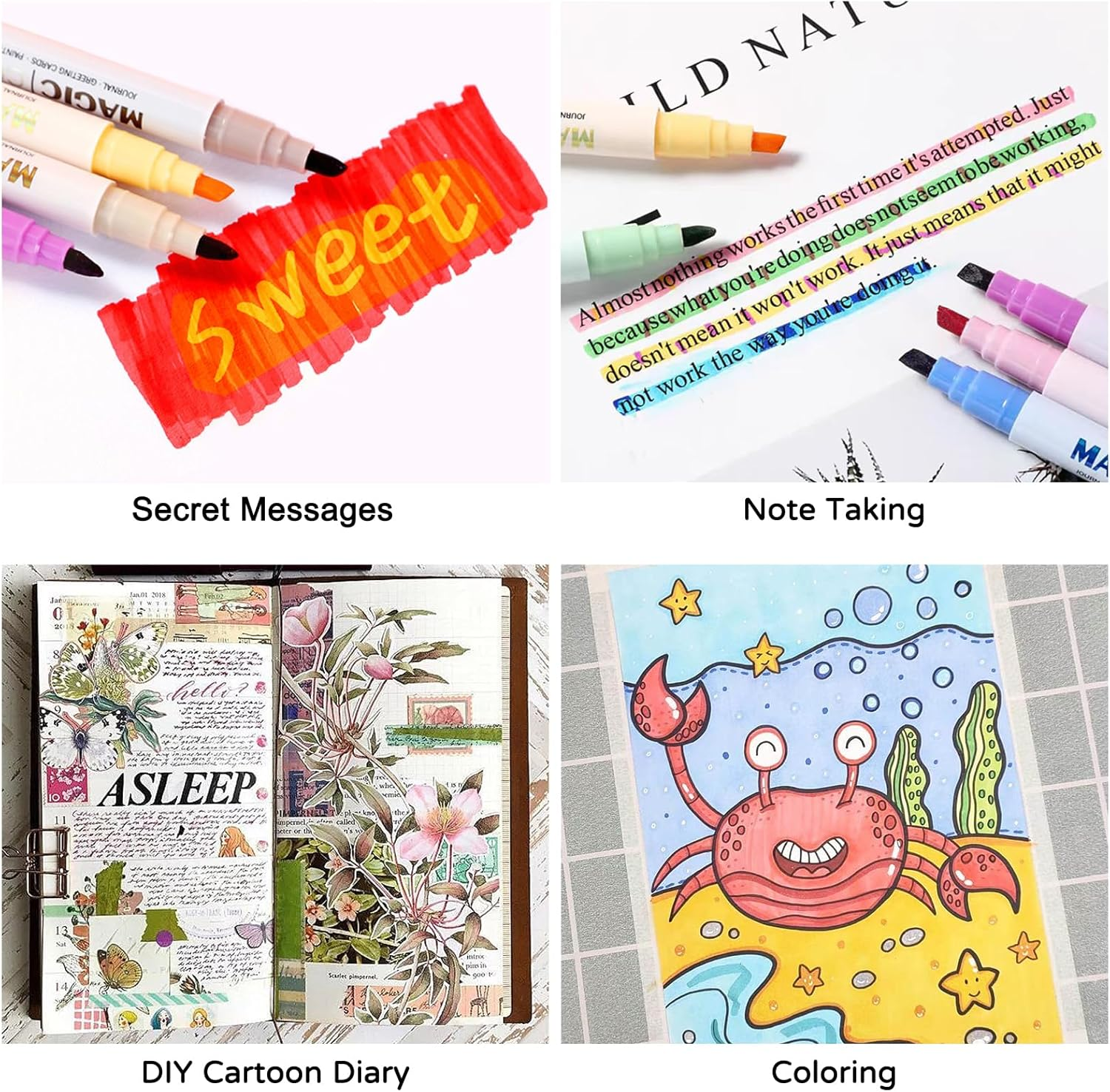 SAYEEC Magic Color Changing Markers, 12 Vibrant Colors Amazing Magic Highlighters, Double Sided Fun Fluorescent Drawing Marker Pens for DIY Cartoon Diary, Note Taking, Coloring Book, 3D Lettering - 12 Pcs image number 5