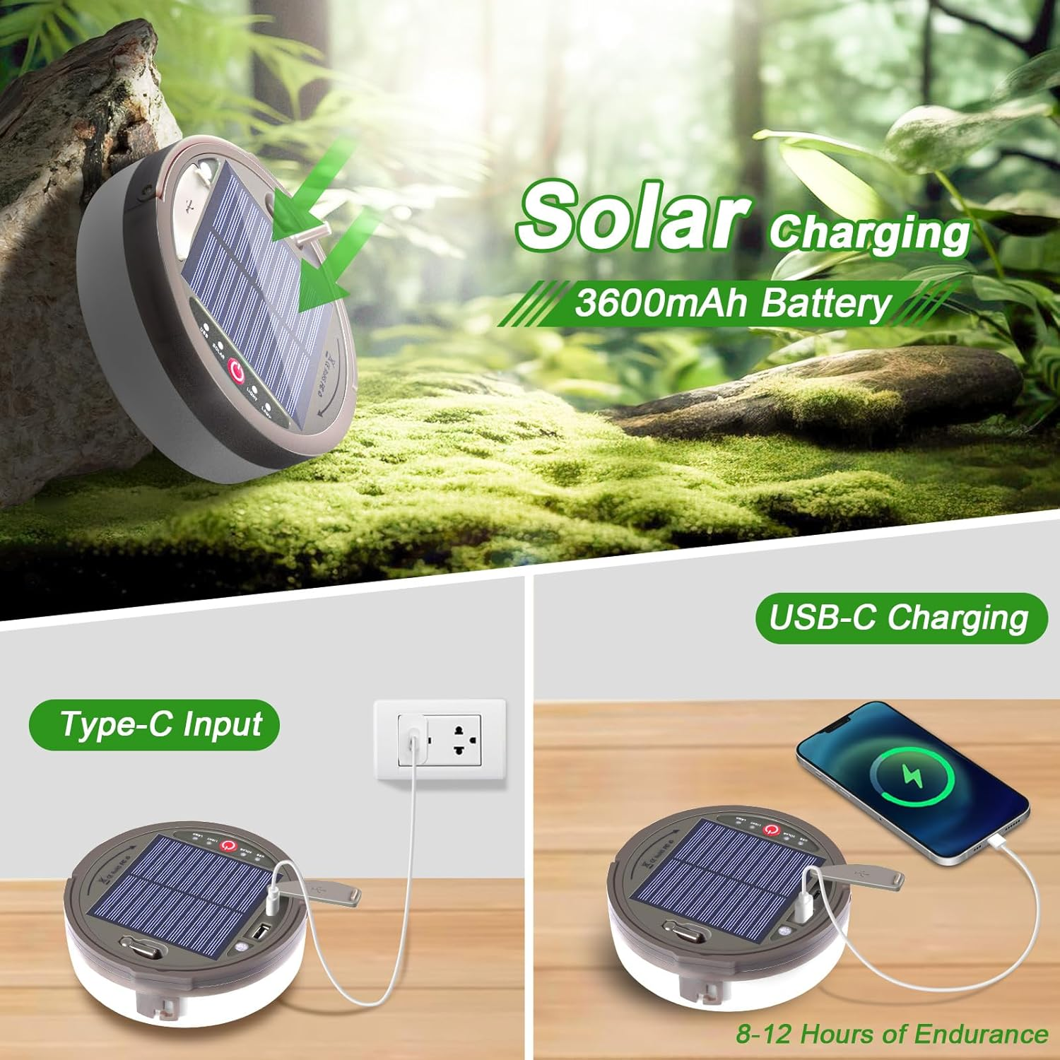 Solar Camping String Light, 12.8M 128 LED Solar Portable Waterproof Camping Lights with Remote, USB Type-C Rechargeable Portable Camping Lights with 8 Lighting Modes for Garden Party Decorations image number 6