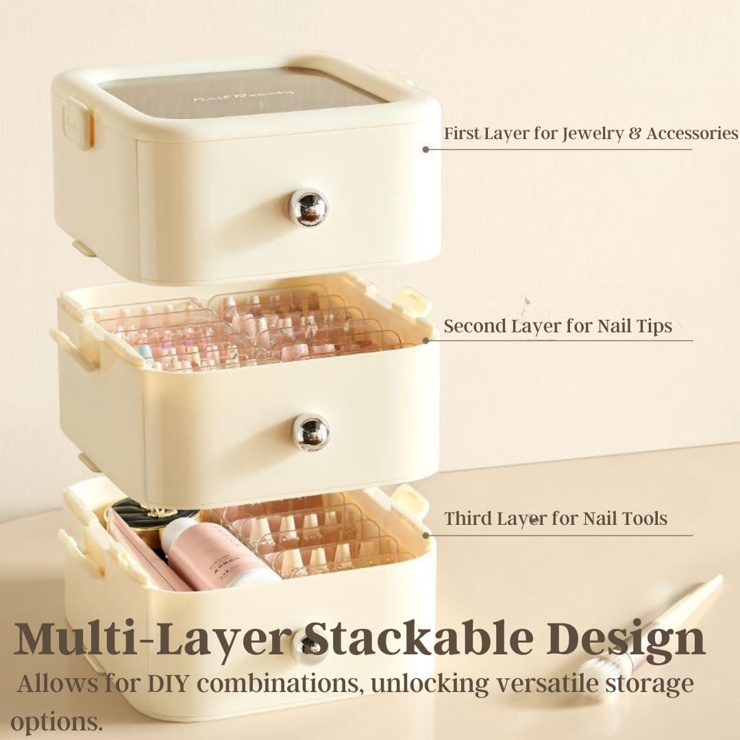 Press on Nail Organizer Box, False Nail Storage Case, Travel Packaging Container with 12/24/36 Pcs Adhesive Double Sided Tape for Nail Art (White, 2 Tier (24 Tapes)) image number 4