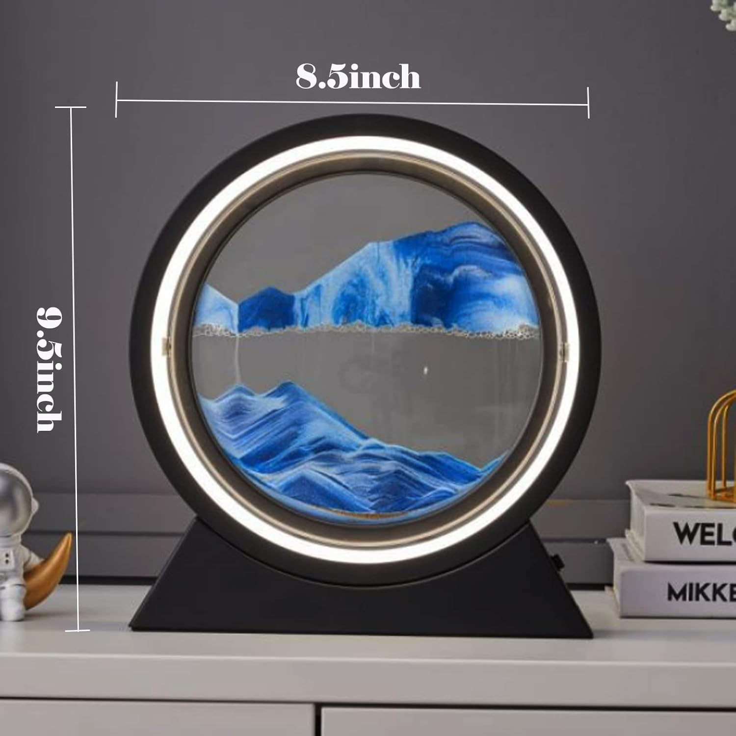 Yinhamnl Moving Sand Art Picture with Light, 3D Hourglass Deep Sea Sandscape Table Lamp, 360&deg; Rotatable Quicksand Decor Picture round Glass Creative Sand Painting Lamp,Life Home Desktop Decor(Blue) - Gold image number 5