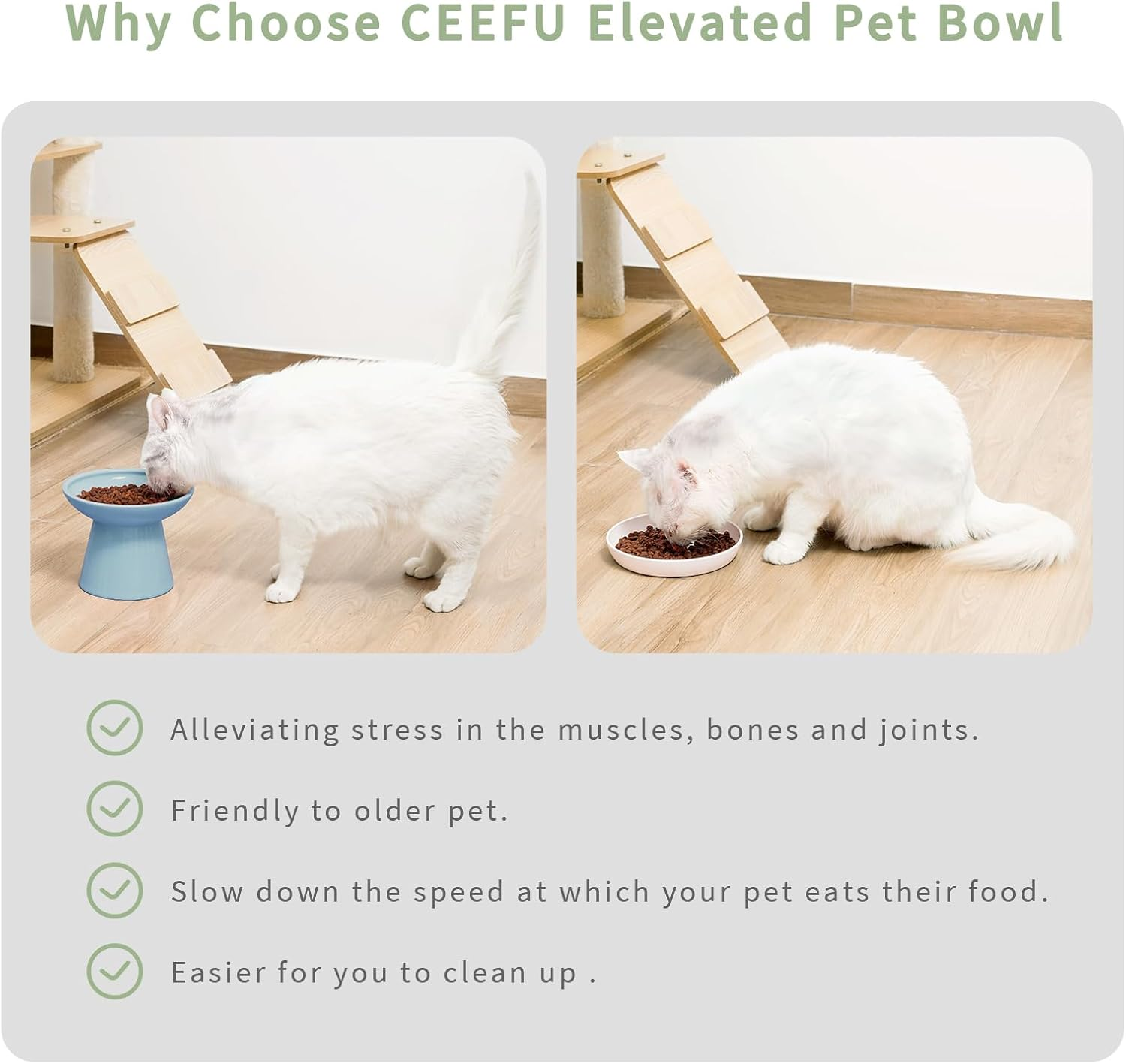 CEEFU Extra Wide Elevated Ceramic Cat Water Bowl - 6.2" Deeper Dish for Whisker Fatigue Relief, 5" Height for Easy Feeding, Lead & Cadmium Free, Durable Raised Cat Bowls, Blue image number 1