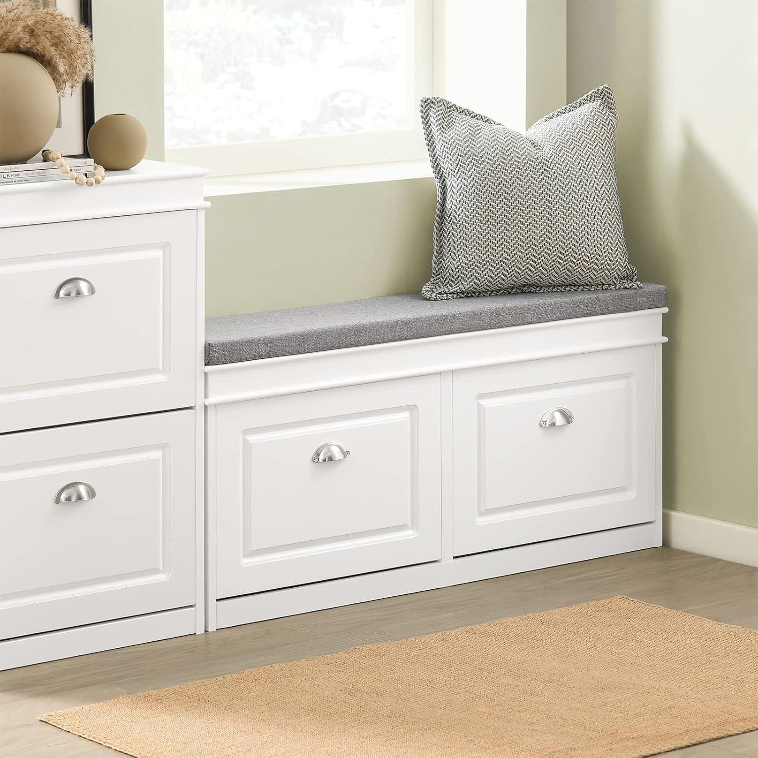 Sobuy Hallway Shoe Bench Storage Cabinet with Seat Cushion and 2 Flip-Drawers Narrow Shoe Rack Bench with Adjustable Shelves White W104 X D24 X H51Cm FSR64-W