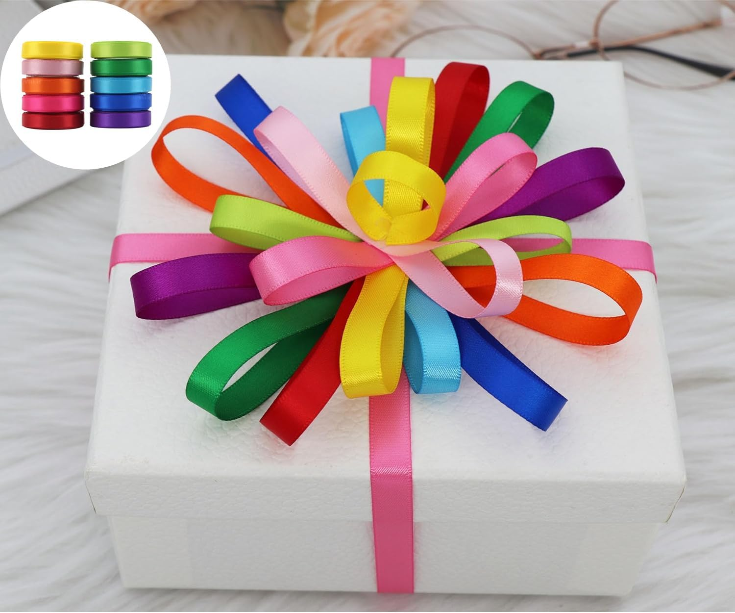 YKHNIS Rainbow Ribbon Solid Color Assortment 10 Colors 1Cm X 4.58M (2/5 Inch &times; 5 Yds) Double Face Satin Ribbon for Gift Wrapping Happy Birthday Party Decorations image number 4