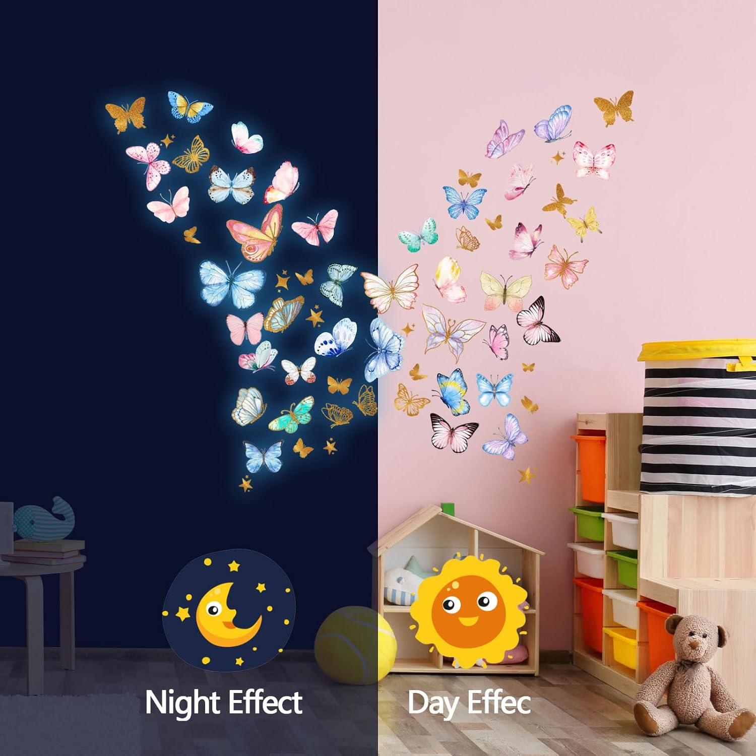 Glow in the Dark Butterfly Wall Decals，Glowing Luminous Butterfly Wall Stickers Colorful Removable Self-Adhesive Butterfly Decals for Girls Bedroom Kids Baby Nursery Living Room Decoration - Blue image number 6