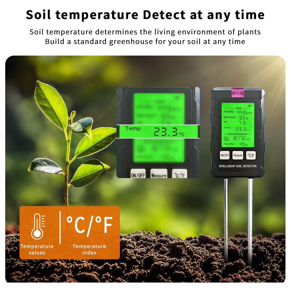QUMOX 6-In-1 Soil Tester Meter with Rotatable Screen &ndash; Measures Ph, Moisture, Fertility, Temperature, Sunlight, Air Humidity &ndash; Digital Soil Analyzer for Garden, Lawn, Greenhouse image number 1