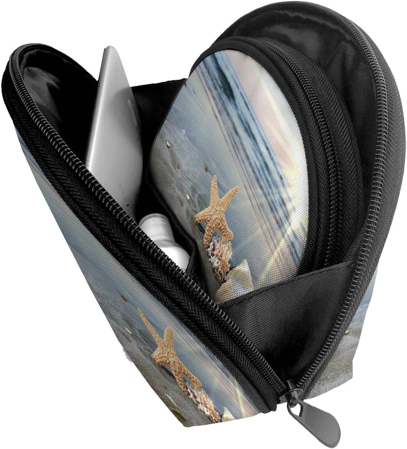 Coin Pouch Makeup Bags Set, 2 Piece Shell Shape Cosmetic Bag with Pockets for Daily Travel Handbag Lipstick Keys Toiletry, Personalized Starfish Shell Sunny Beach