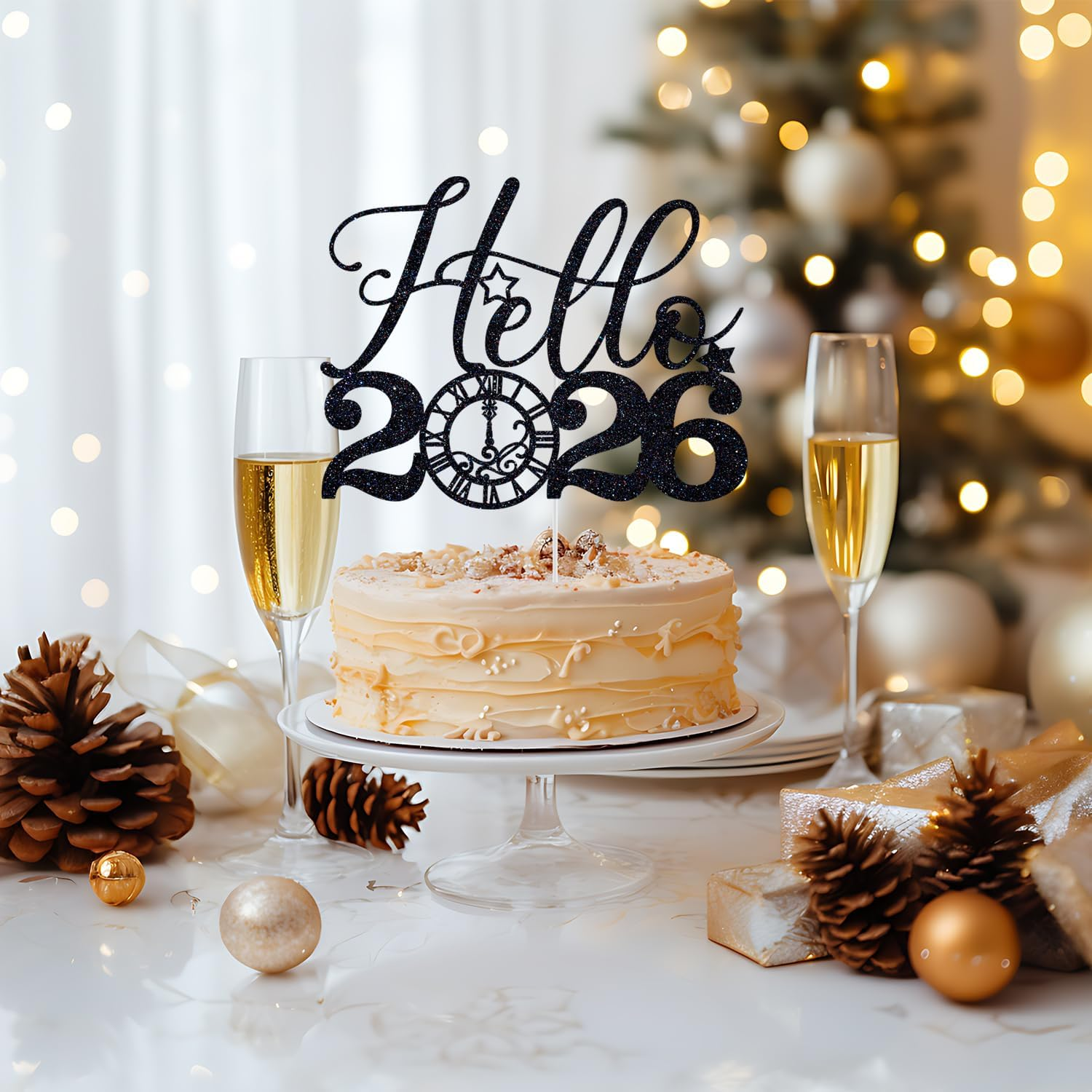 Hello 2025 Cake Topper, Happy New Year Cake Topper, Cheers to 2025, 2025 Happy New Years Eve Party Decorations Supplies (Black Glitter)