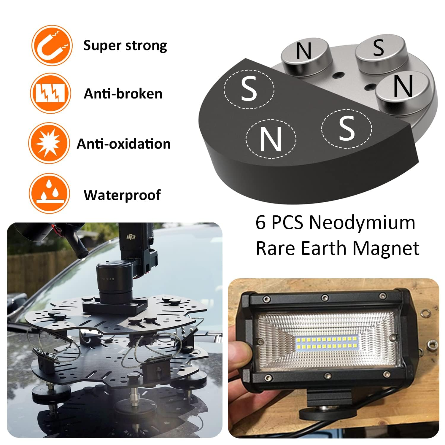 2PC Strong Neodymium Rubber Coated Magnets,D43Mm Magnetic Mounts Rare Earth Magnet M4 Female Threaded Hole Magnet for Tractor Mirror Camera Bracket Mount Lights Van Equipements image number 2