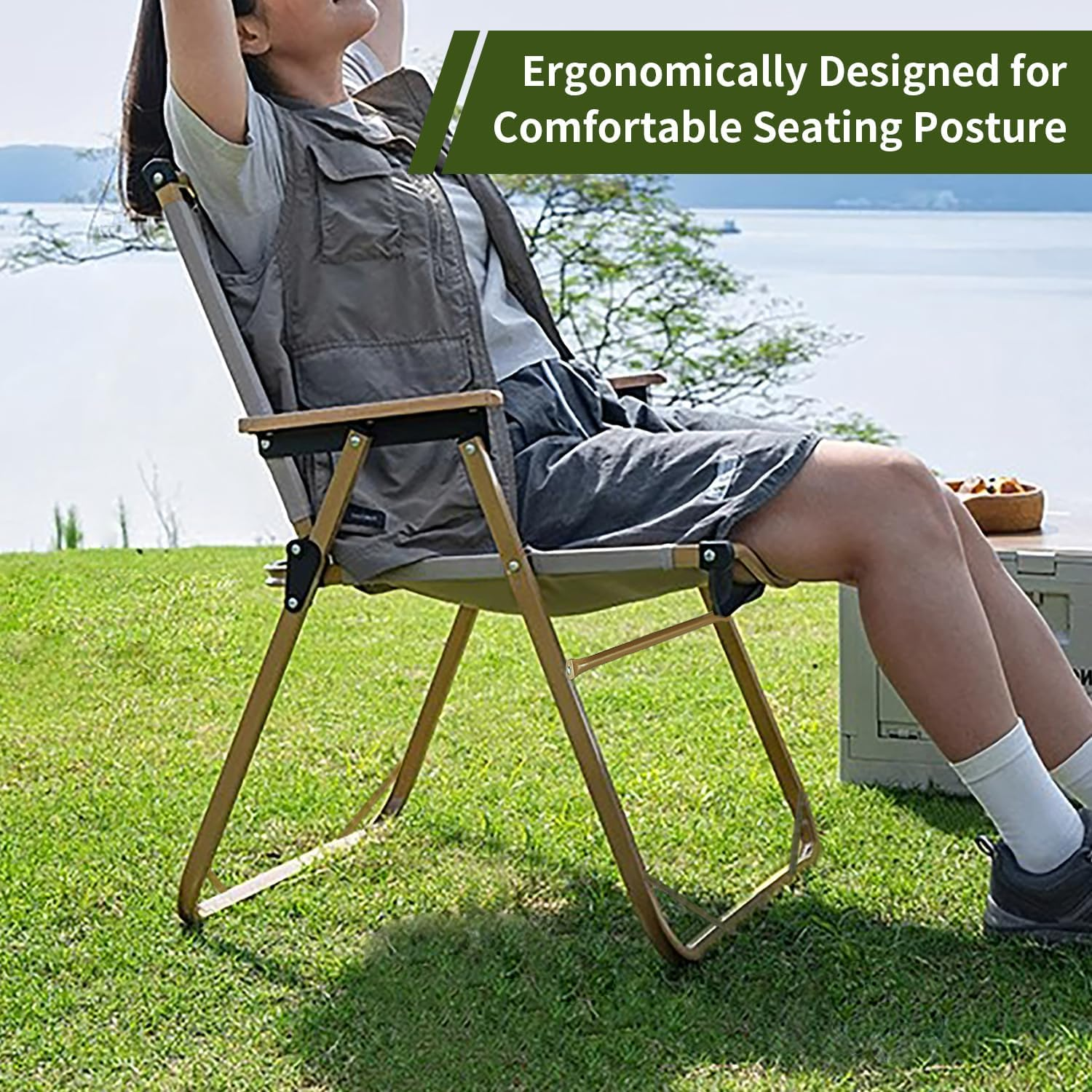 Folding Camping Chair, Lightweight, Portable & Sturdy with Wooden Armrests - Durable Outdoor Chair Camp Seat for Adults, Beach, Picnic, and Patio image number 6