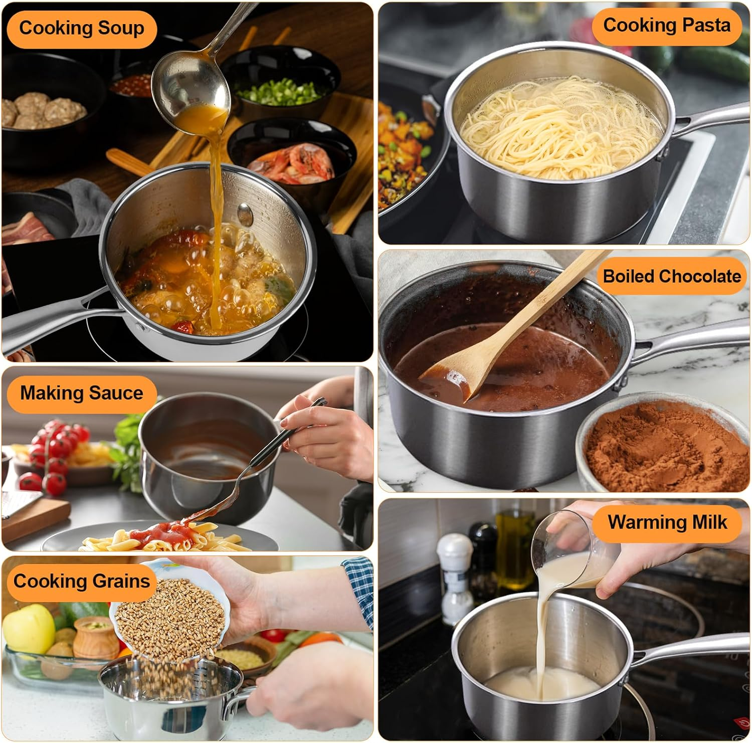 LZONEY 1.3 QT 304 Stainless Steel Saucepan with Lid, Professional Thickened Tri-Ply Milk Pan with Long Heatproof Handle, Non Toxic & Healthy, Dishwasher Safe image number 5