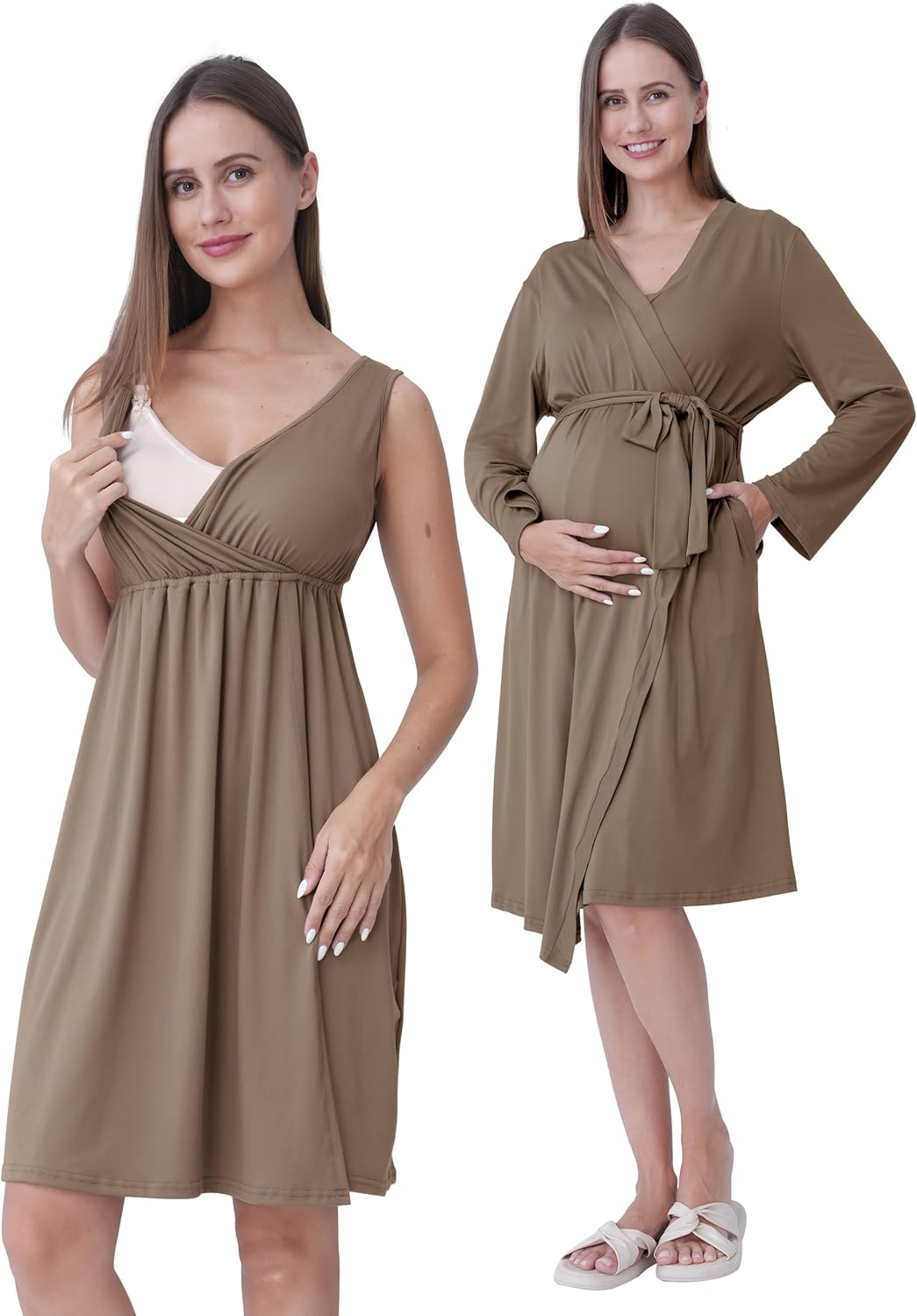 SUNNYBUY Maternity and Nursing Nightdress with Dressing Gown 2-Piece 3-In-1 Pregnancy Night Dress Set for Birth, Postpartum and Breastfeeding, Hospital Sleepwear