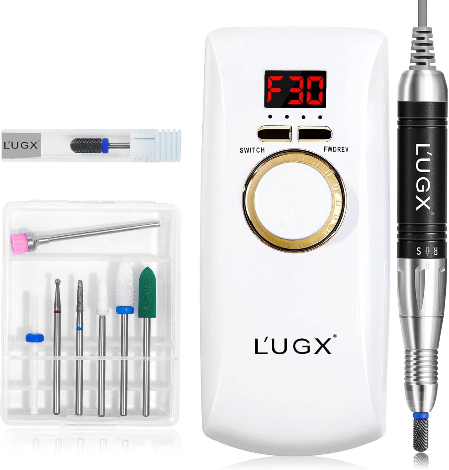 L'UGX Professional Nail Drill Machine Rechargeable with Coreless Motor, Portable Electric Nail File Wireless 30000 RPM Cordless Nail Drill for Acrylic Nails with 8 Nail Drill Bits for Manicure image number 2