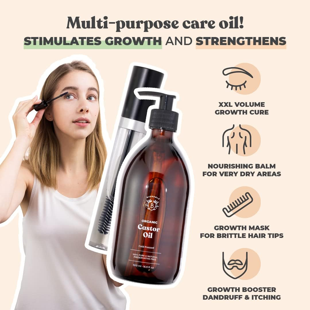 Bionoble Castor Oil Organic 500 Ml - 100% Pure, Natural, Cold Pressed - Eyelashes, Eyebrows, Hair, Beard, Nails - Vegan, Cruelty Free - Castor Oil - Glass Bottle + Pump + Mascara Kit image number 2