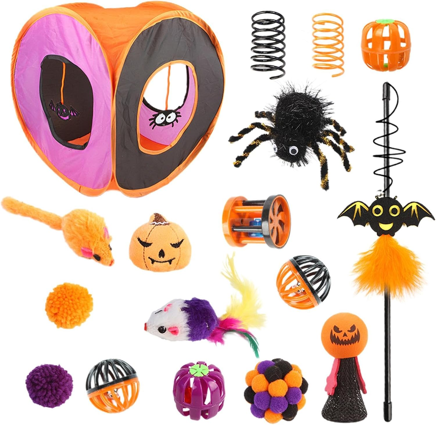 Cat Tunnels for Indoor Cats, Cute Interactive Cat Toy Set, Halloween Folding Square Channel Cat Toy Box, Kitten Accessories Cat Feather Wand Ball Toys for Indoor