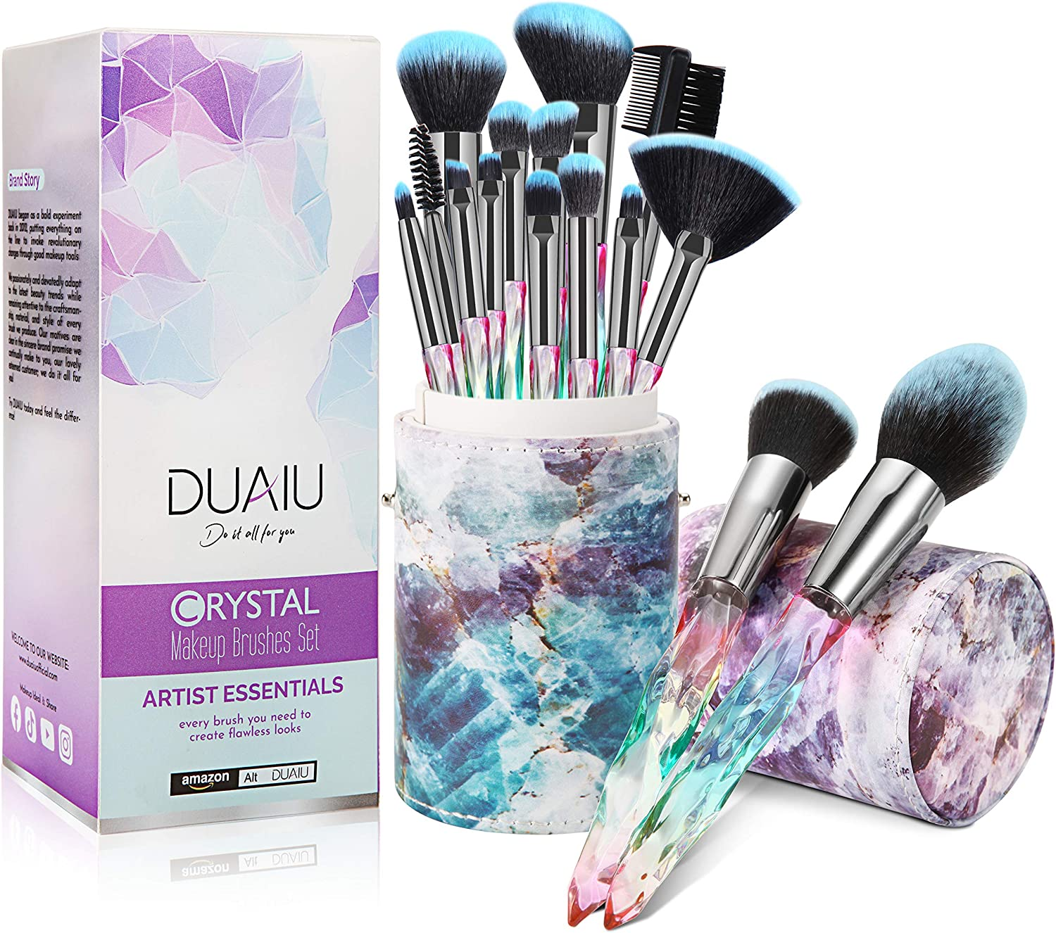DUAIU Makeup Brushes 15Pcs Premium Synthetic Bristles Crystal Handle Set Kabuki Foundation Brush Face Lip Eye Makeup Brush Sets Professional with Starry Gift Box(Purple)