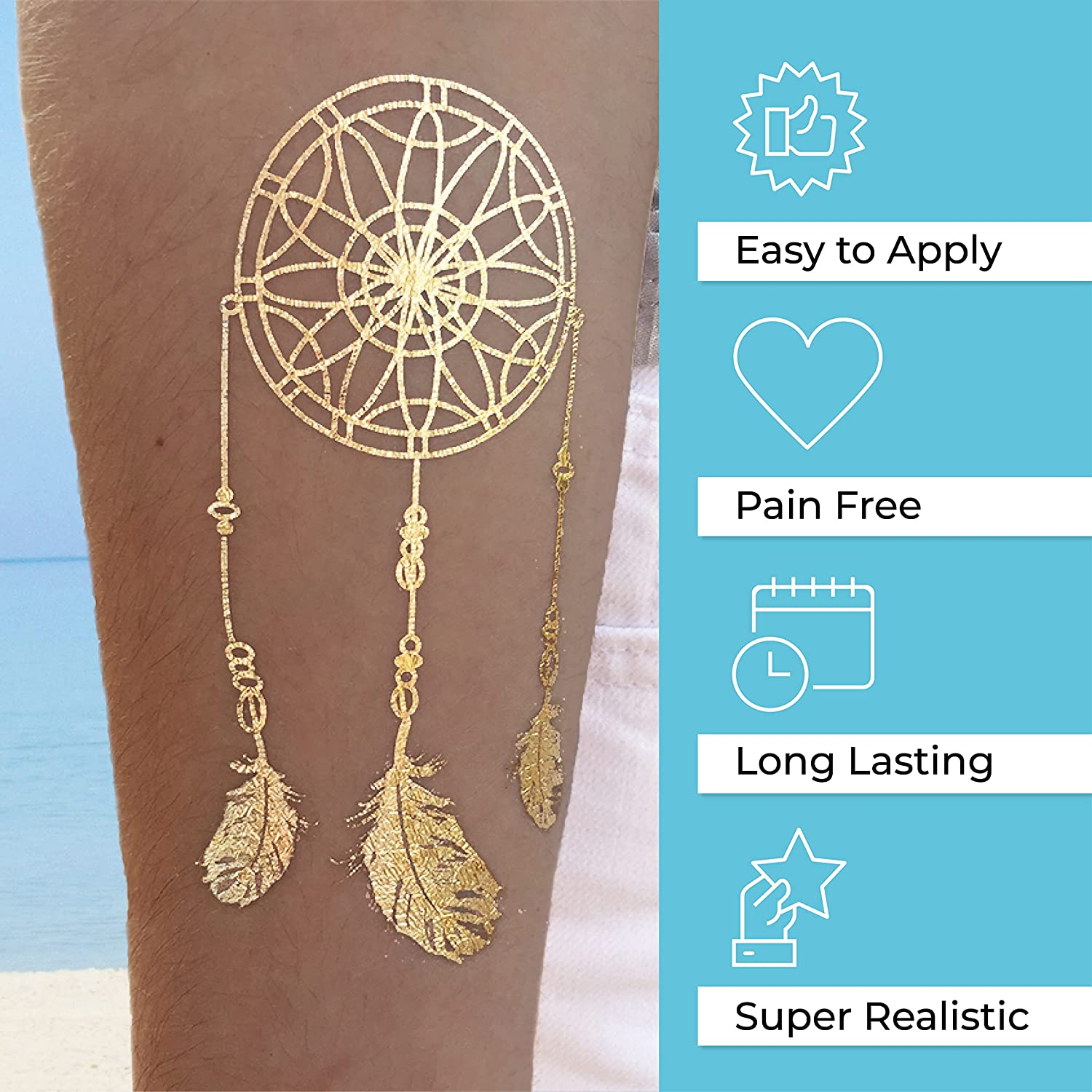 Metallic Temporary Tattoos for Women Teens Girls - 8 Sheets Gold Silver Temporary Tats Glitter Shimmer Designs Jewelry Tattoos - 100+ Color Flash Fake Waterproof Tattoo Stickers (Caicos) image number 6