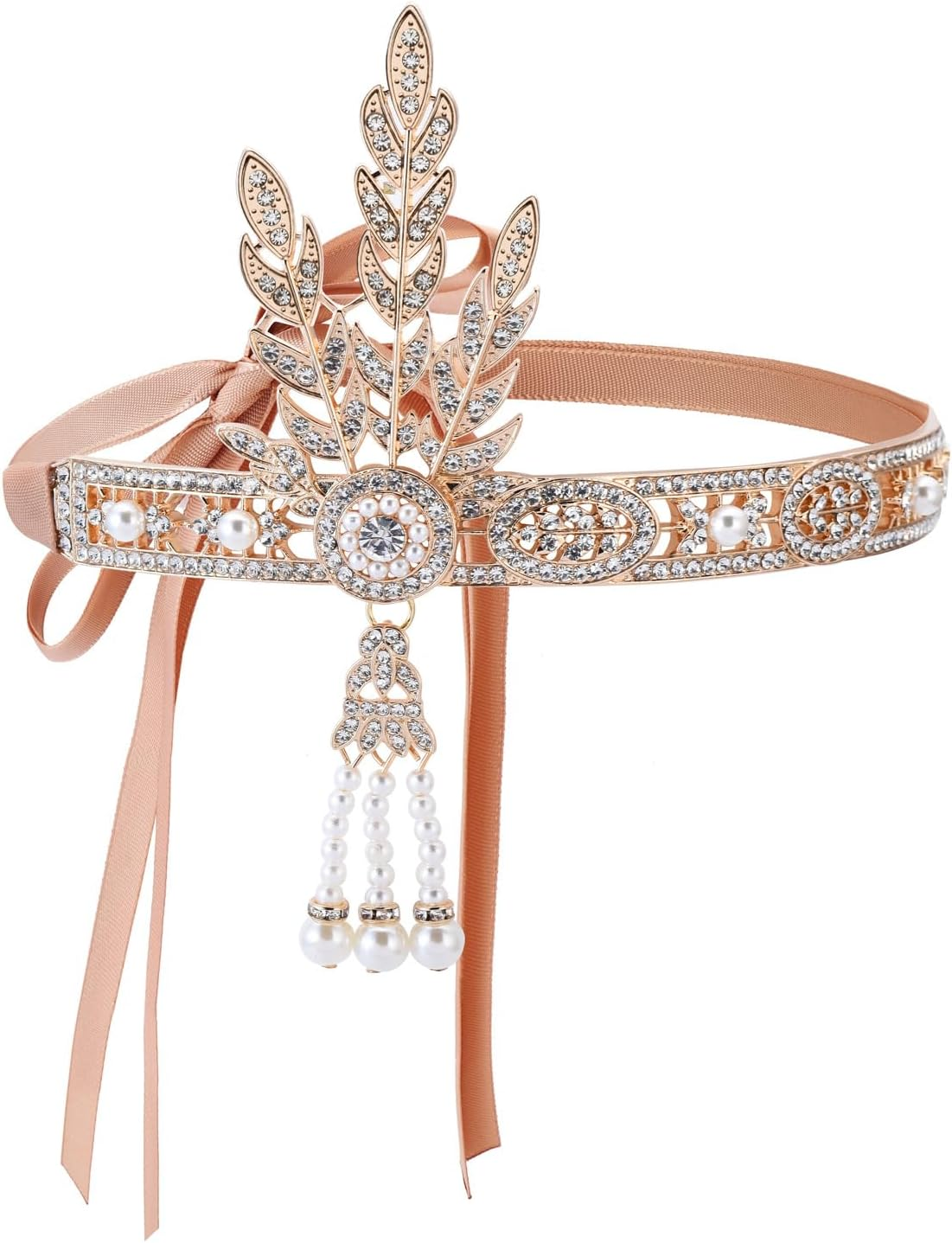 1920S Flapper Rhinestones Pearls Feather Headband Vintage Gatsby Headpiece Crystal Hair Headband for Party Festival Wedding Costume