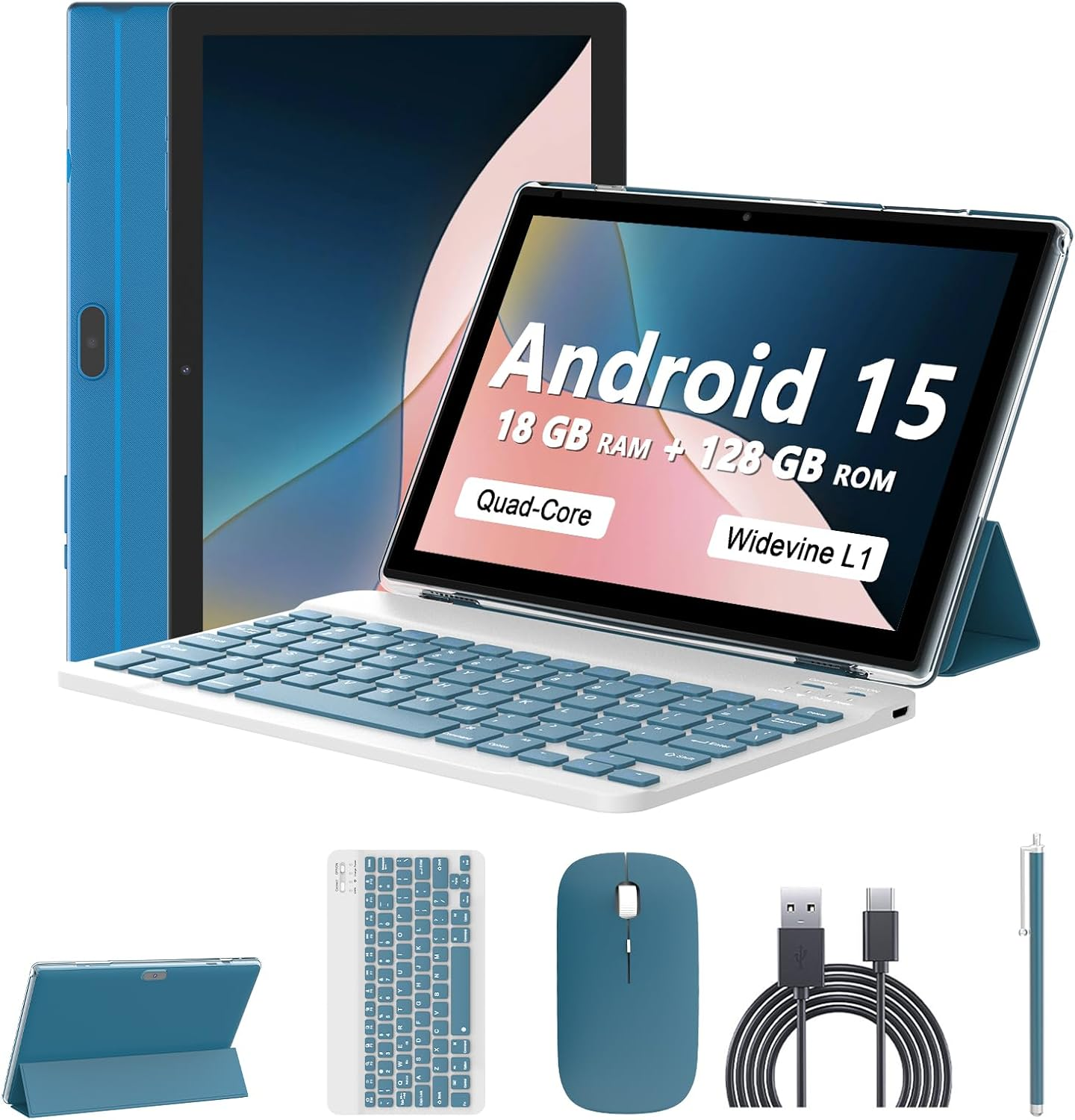 Android 15 Tablet 10 Inch, 18GB RAM+128GB ROM/2TB Expandable, 2 in 1 Tablets with Keyboard Case Mouse Stylus, 2.0Ghz Quad-Core Processor, 1280*800 IPS HD Screen, 5G Wifi 6 BT 5.0, 8MP Camera Tablet PC