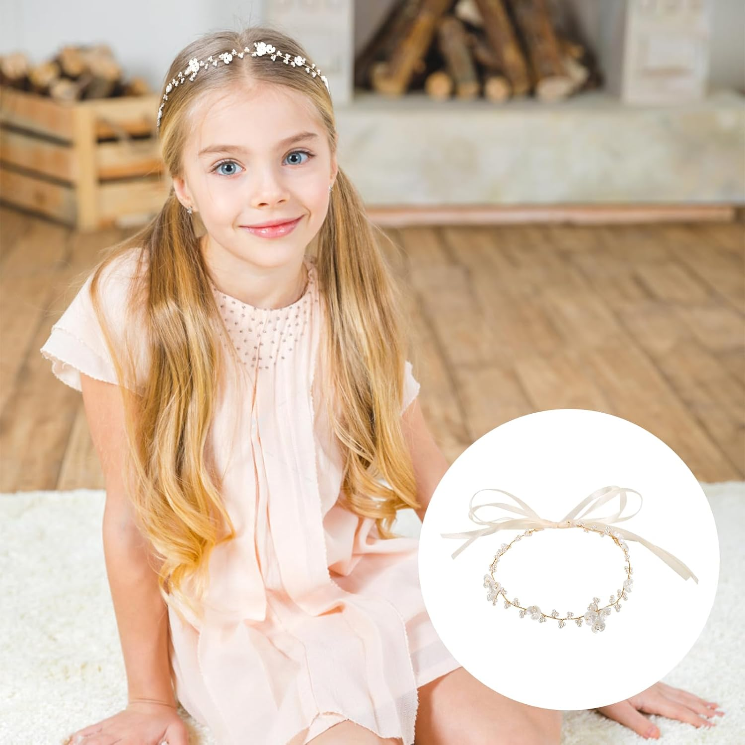 XIHIRCD First Communion Headpiece for Girls, White Princess Headband Flower Girl Headpiece Flower Girl Hair Accessory Pearl Girl Crown Wedding Party Hair Accessories for Women image number 1