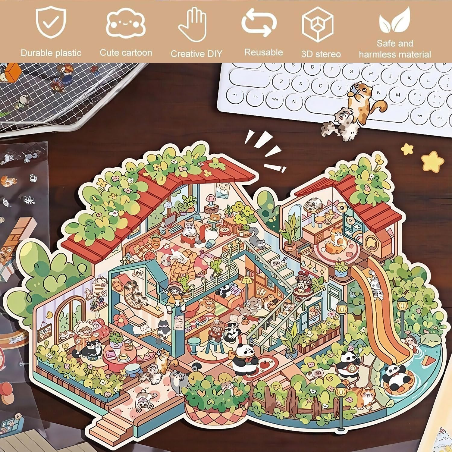 6 Sets Big DIY 3D Stickers Scene,Fun DIY House Stickers for Adults and Kids to Relieve Stress Pass the Time Birthday Party,Panda Villa,Sunshine Ranch,Learning Interest Group