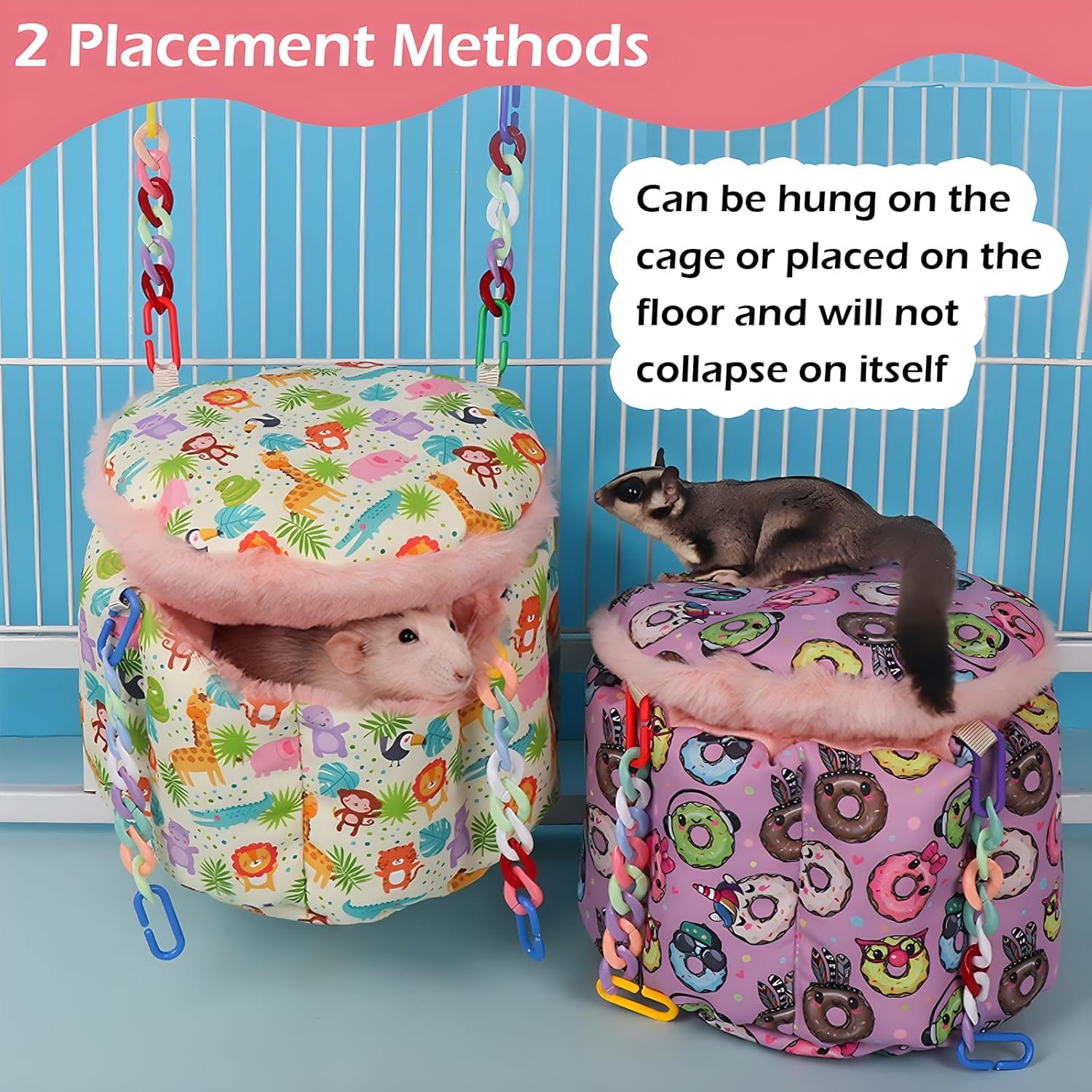 Jevnd Rat Hammock for Cage, Rat Hanging Bed, Rat Cage Accessories Warm Sleeping Nest Bed, Small Animal Cage Hammock for Rats, Mice, Sugar Glider, Squirrel - Pink image number 5