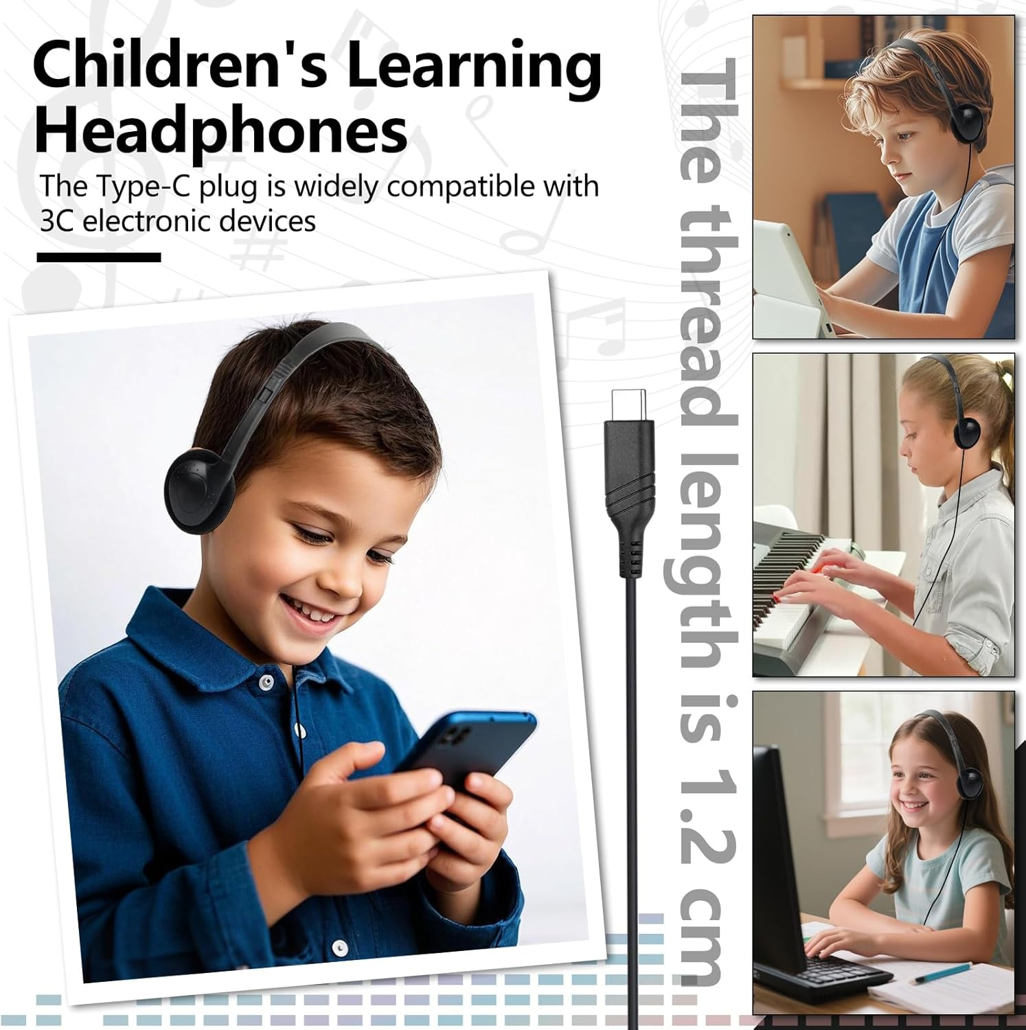 GDBOMA USB C Headphones Bulk 20 Pack for Classroom School Kids,On-Ear Wired Type C Headphones Compatible with Pad Smartphones (Black) image number 5