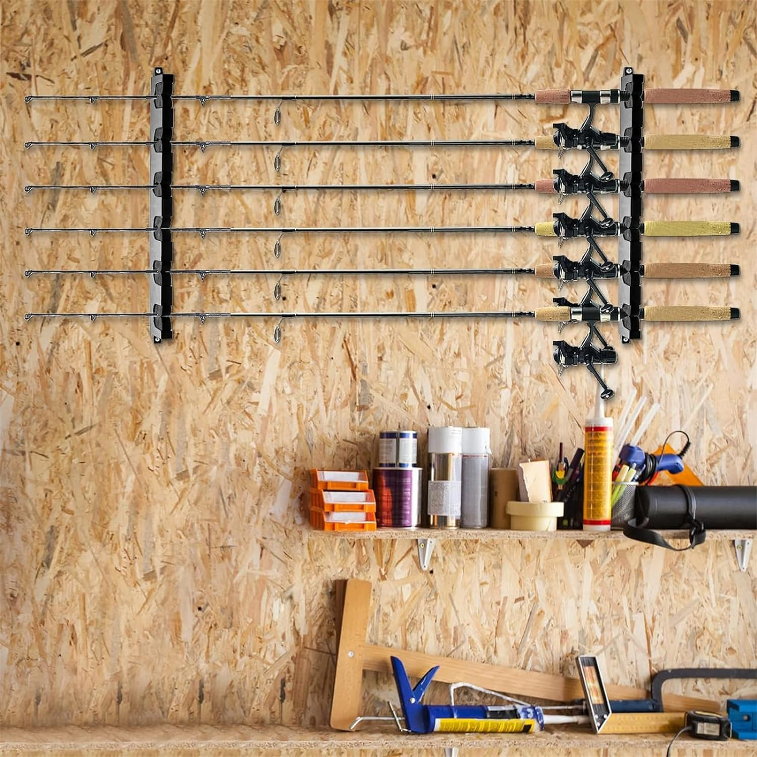 2 Pack Horizontal Fishing Rod Holders for Garage, Fishing Pole Holders to Hold 6 Rods, Wall Mounted Fishing Rod Rack, Kayak Fishing Pole Storage Holder and Rack