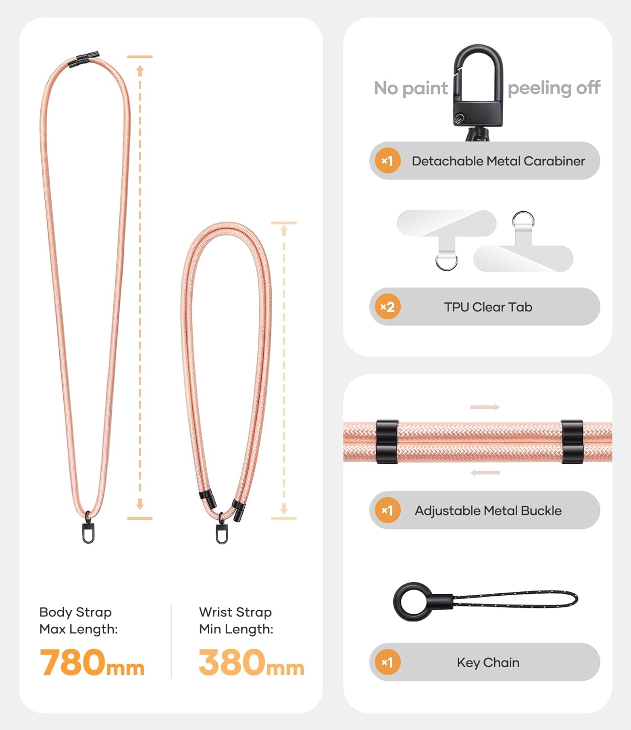 For Phone Lanyard Crossbody with 2X TPU Clear Phone Tabs, Retractable Cellphone Lanyard, Premium Metal Buckles, Skin-Friendly, Universal Wrist Strap Leash for Women Men,Pink-Gold - Pink Gold image number 2